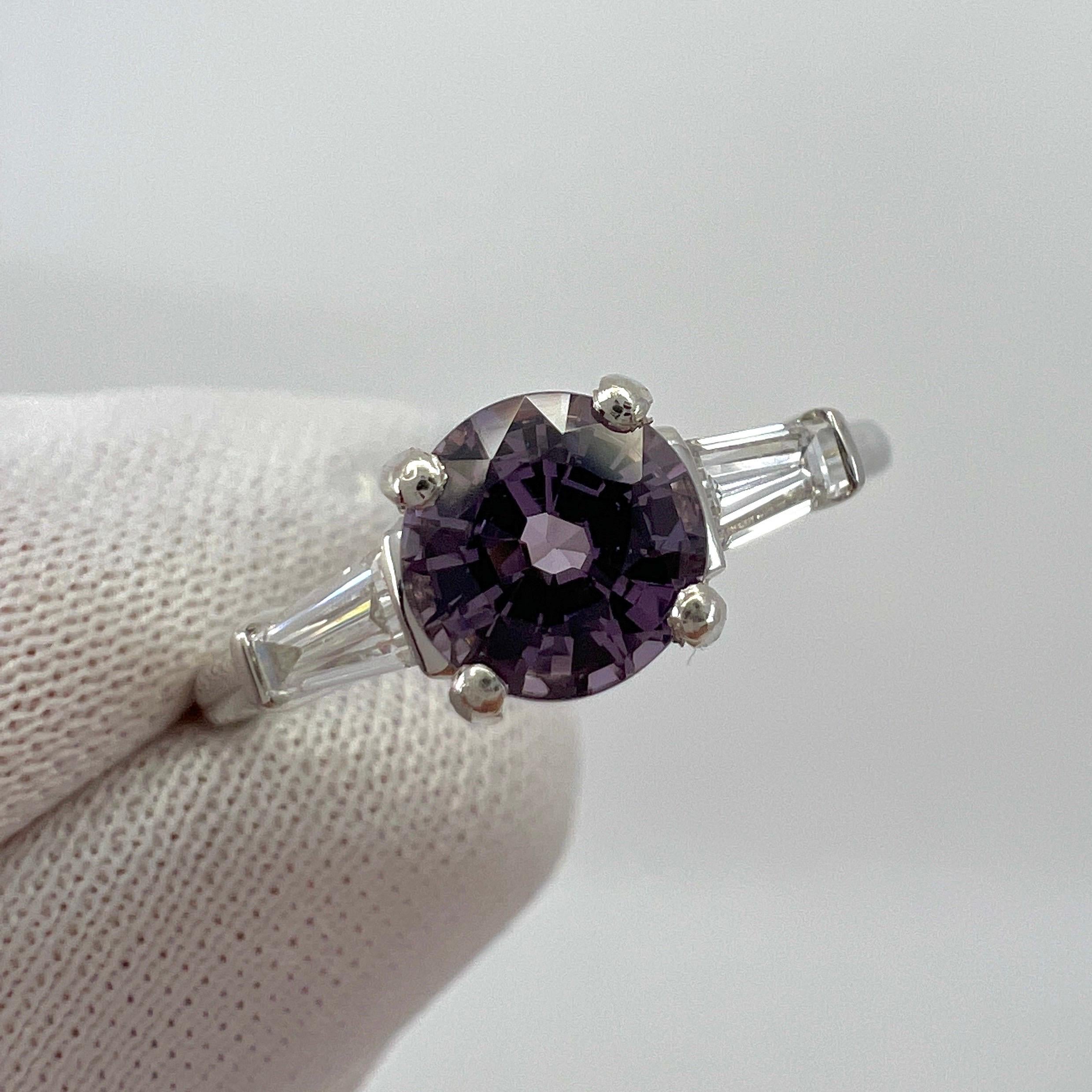 1.20ct Vivid Lilac Purple Spinel & Diamond Platinum Round Cut Three Stone Ring In New Condition For Sale In Birmingham, GB