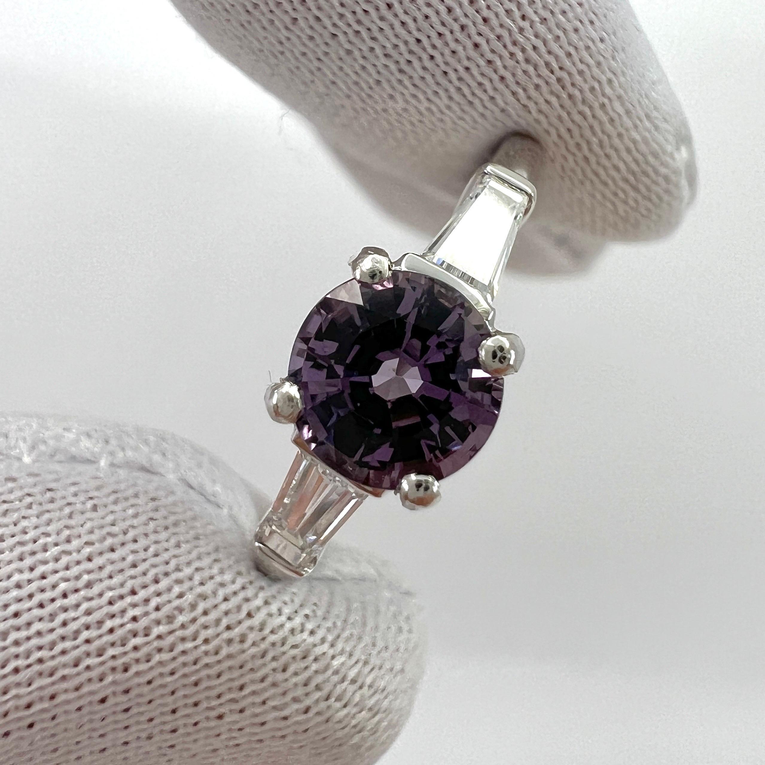 1.20ct Vivid Lilac Purple Spinel & Diamond Platinum Round Cut Three Stone Ring 1