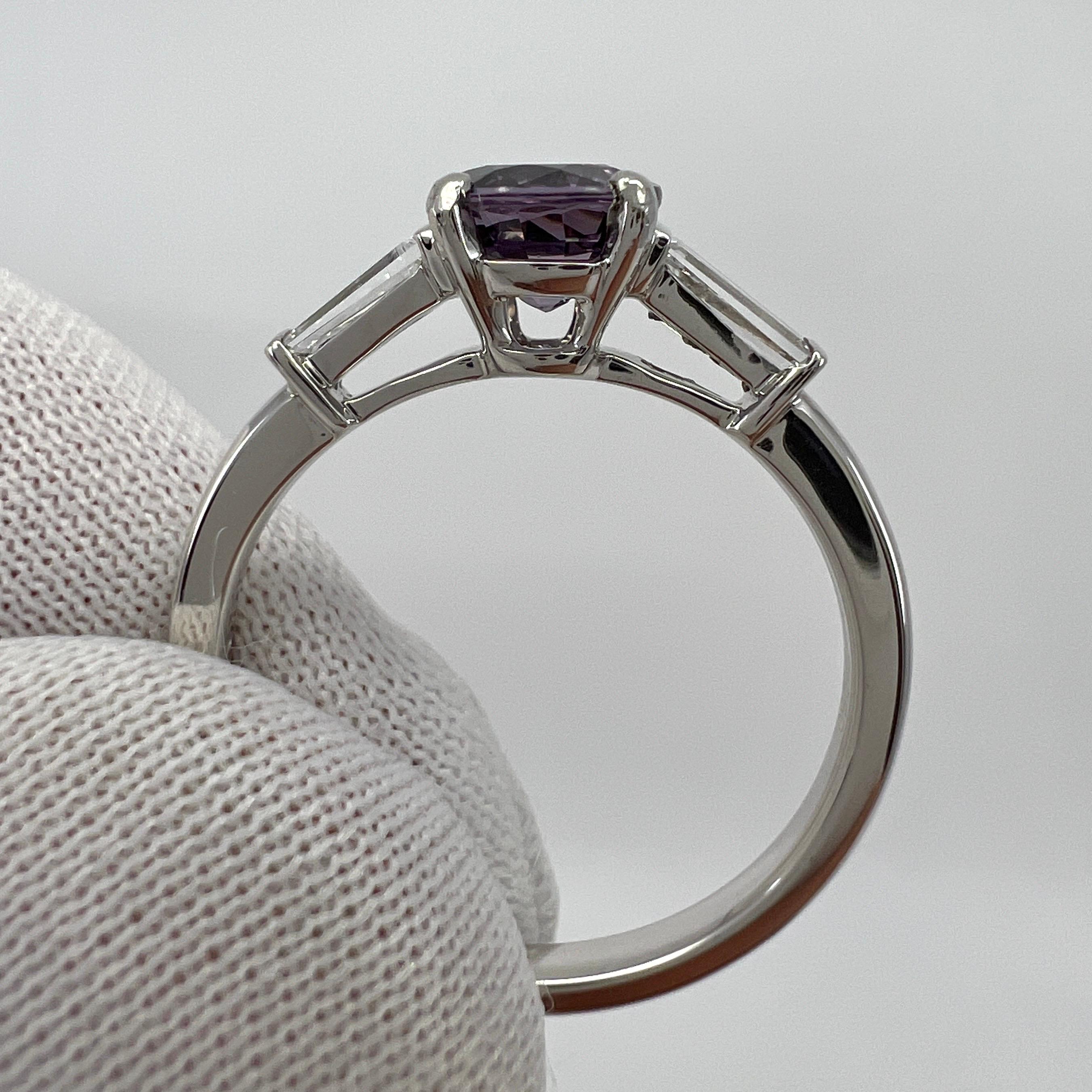 1.20ct Vivid Lilac Purple Spinel & Diamond Platinum Round Cut Three Stone Ring 2