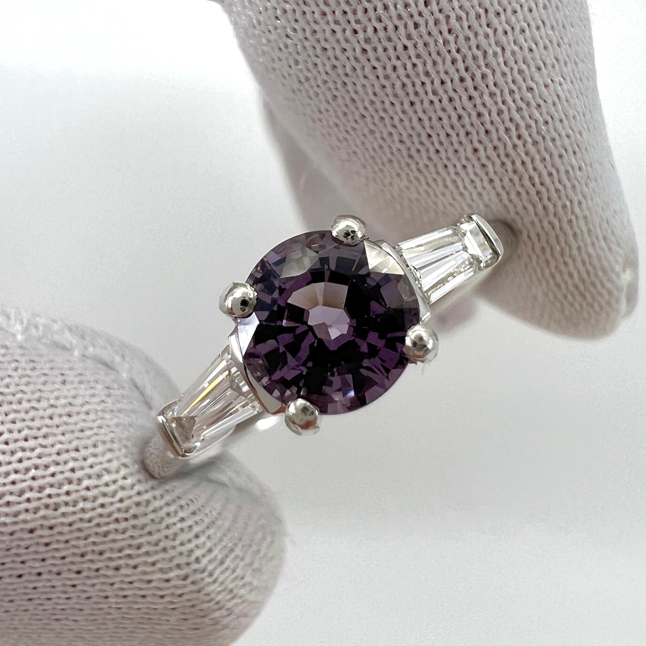 1.20ct Vivid Lilac Purple Spinel & Diamond Platinum Round Cut Three Stone Ring For Sale 3
