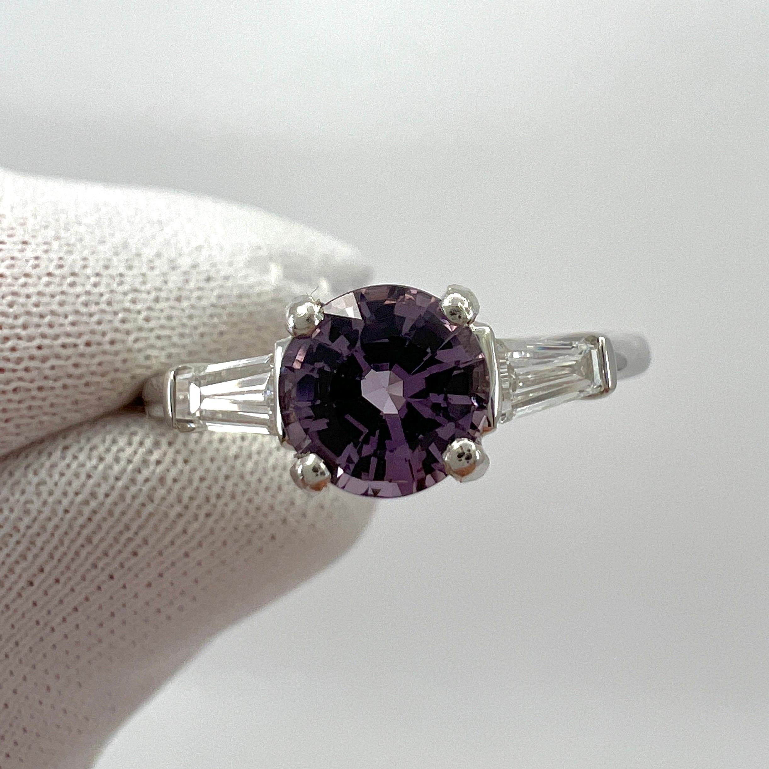 1.20ct Vivid Lilac Purple Spinel & Diamond Platinum Round Cut Three Stone Ring 4