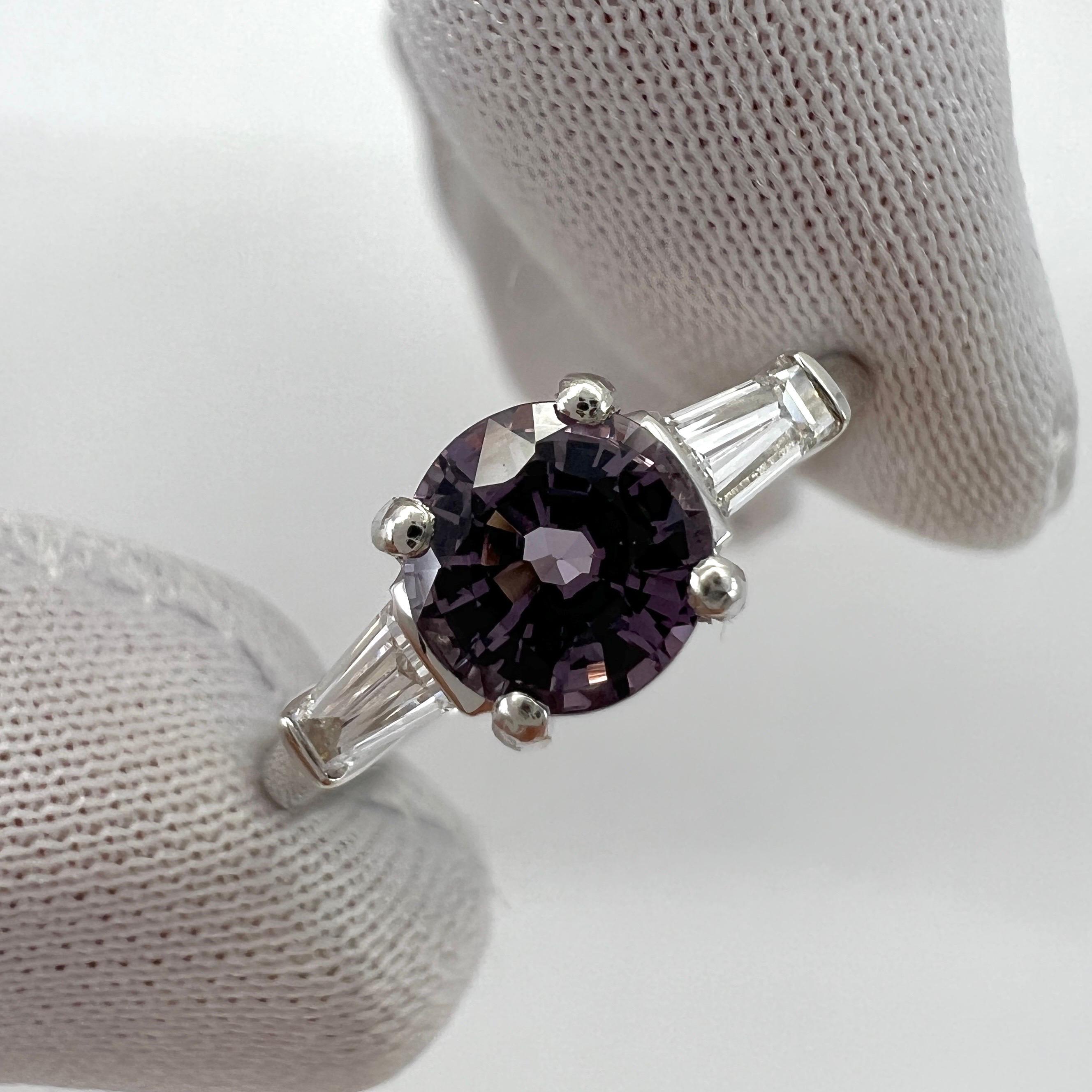 1.20ct Vivid Lilac Purple Spinel & Diamond Platinum Round Cut Three Stone Ring 5