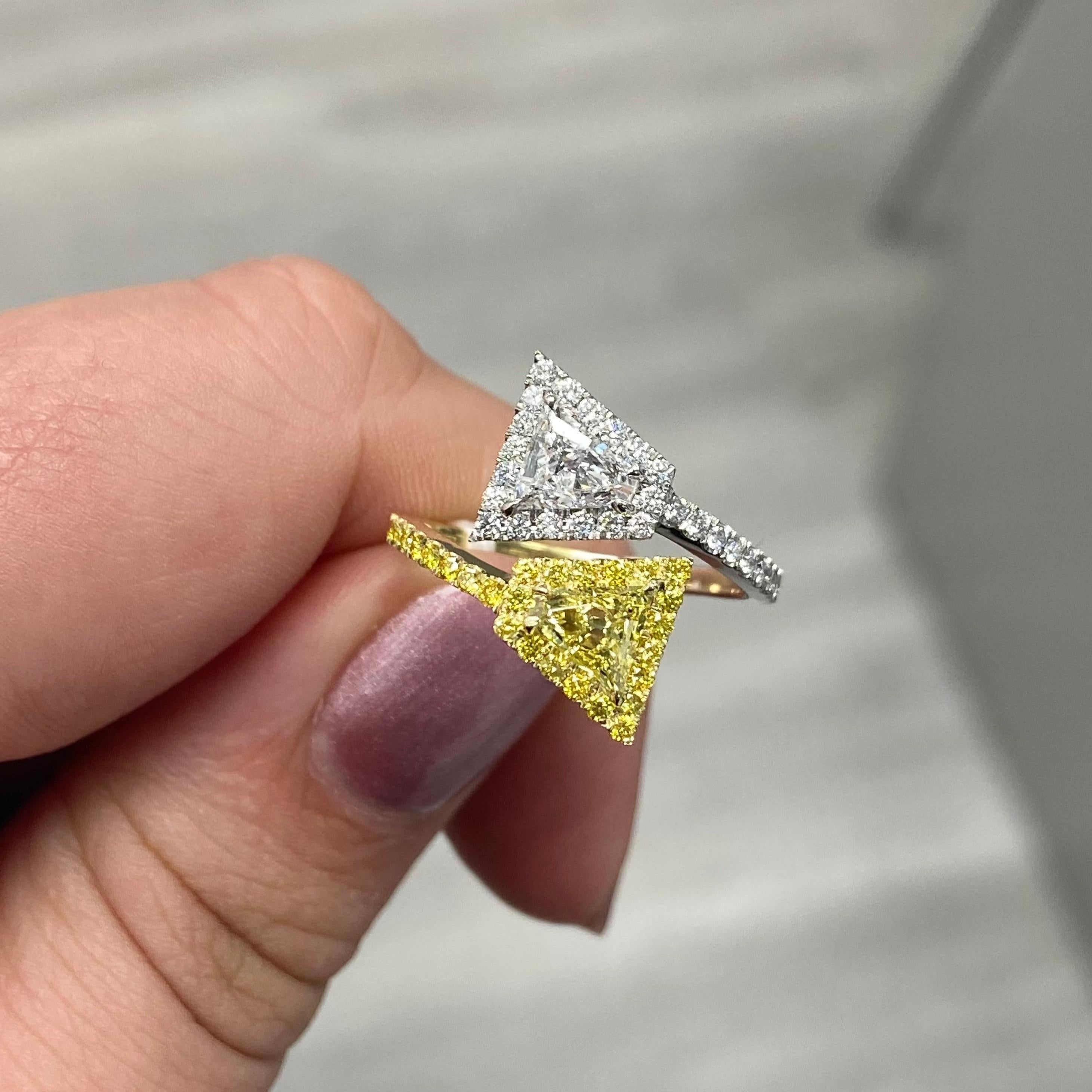 0.46 Carat Fancy Intense Yellow Trillion VS2
0.46 Carat F Trillion VS2
0.28 Carats surrounding
Handmade in NYC
Set in Platinum & 18k Yellow Gold

Making Extraordinary Attainable with Rare Colors
