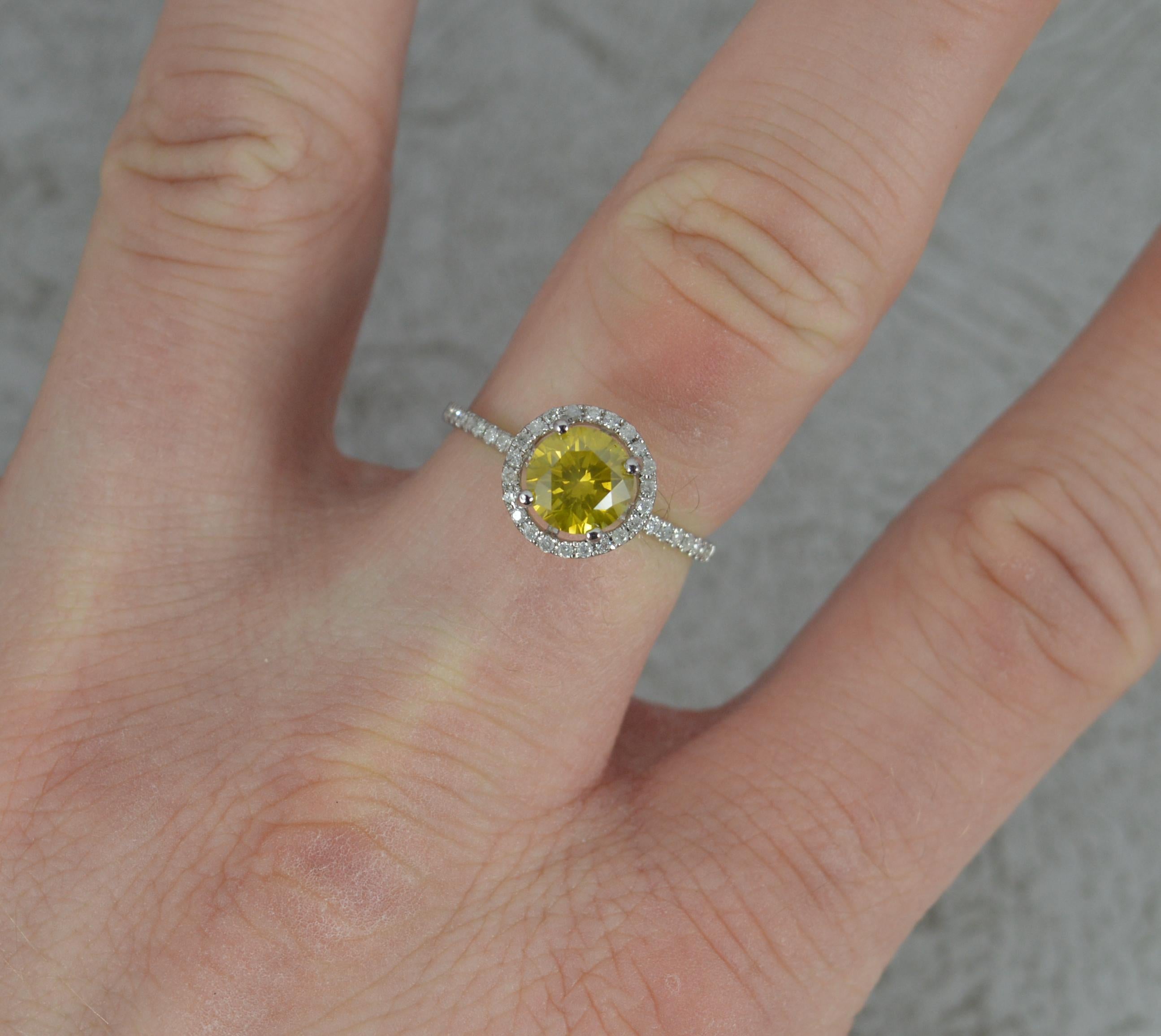 Contemporary 1.20ct Yellow Diamond 14ct White Gold Halo Target Engagement Ring