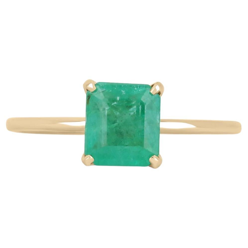 1.20cts 14K Natural Emerald-Asscher Cut Petite Solitaire Ring For Sale