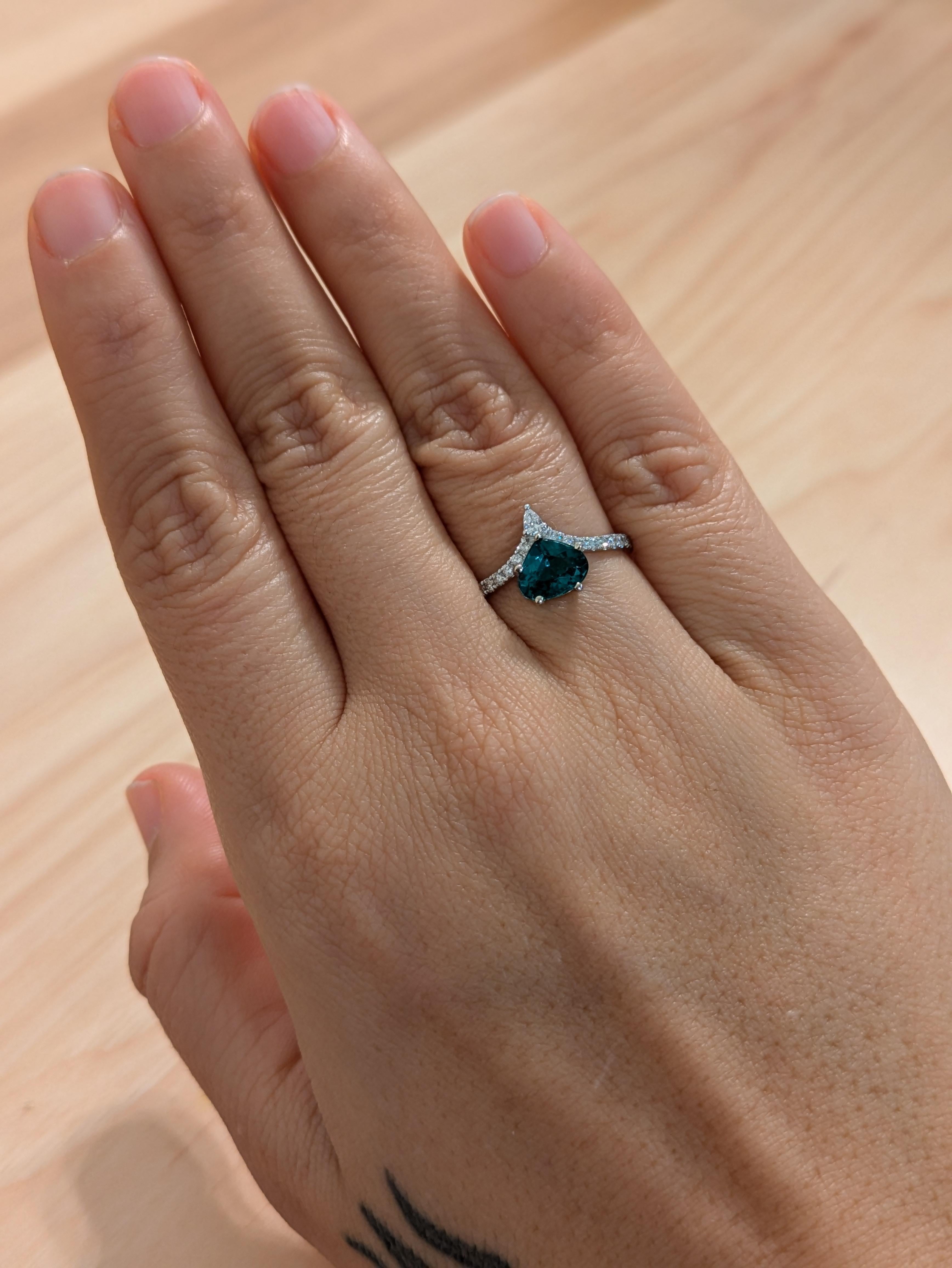 1.20cts Indicolite Tourmaline Diamond  Ring in 14K Gold  Pear 7x6mm For Sale 2