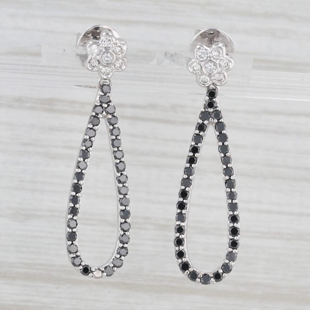 Taglio rotondo Orecchini a goccia con fiore di diamante bianco nero da 1,20 carati in oro bianco 18 carati in vendita
