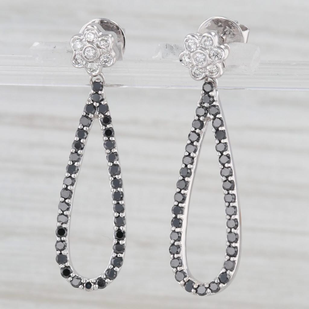 1.20ctw Black White Diamond Flower Teardrop Dangle Earrings 18k White Gold