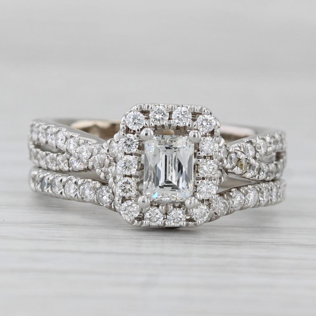 1.20ctw Leo Diamond Halo Engagement Ring Contoured Wedding Band 14k White Gold In Good Condition For Sale In McLeansville, NC