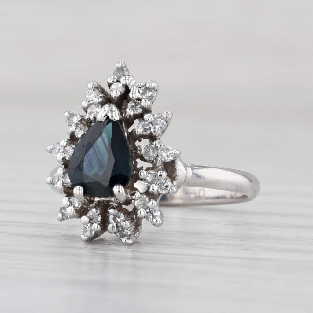 1.20ctw Pear Blue Sapphire Diamond Halo Ring 14k White Gold Engagement Size 6.5 For Sale