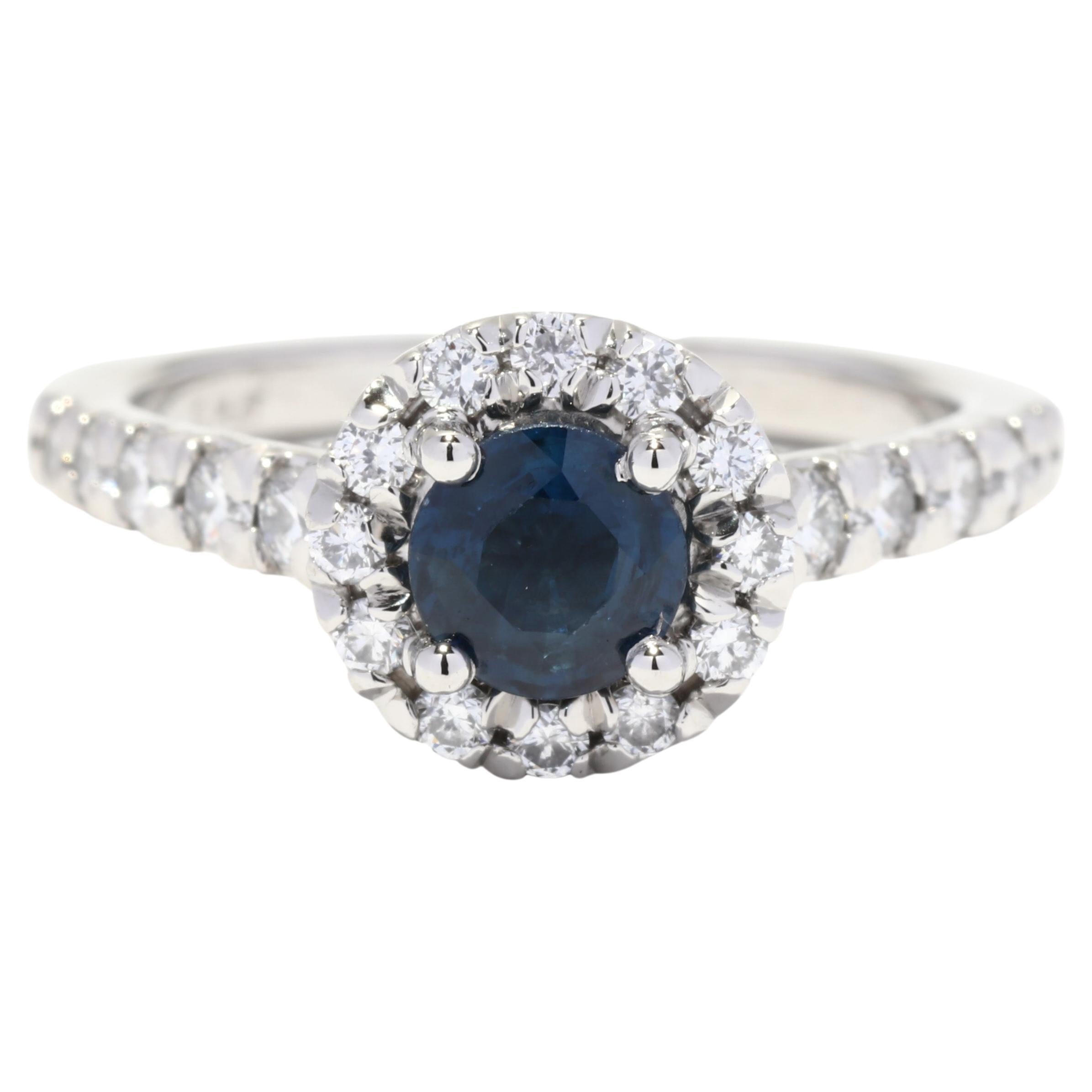 1.20ctw Platinum Sapphire Diamond Halo Engagement Ring For Sale