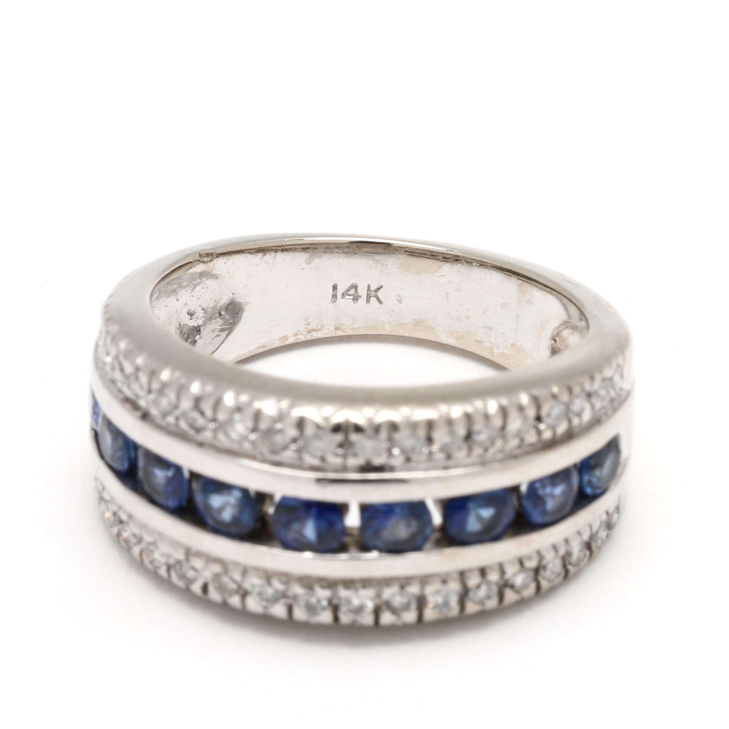 Bague large avec saphir et diamants 1,20 carat, or blanc 14 carats, taille de bague 6 Unisexe en vente