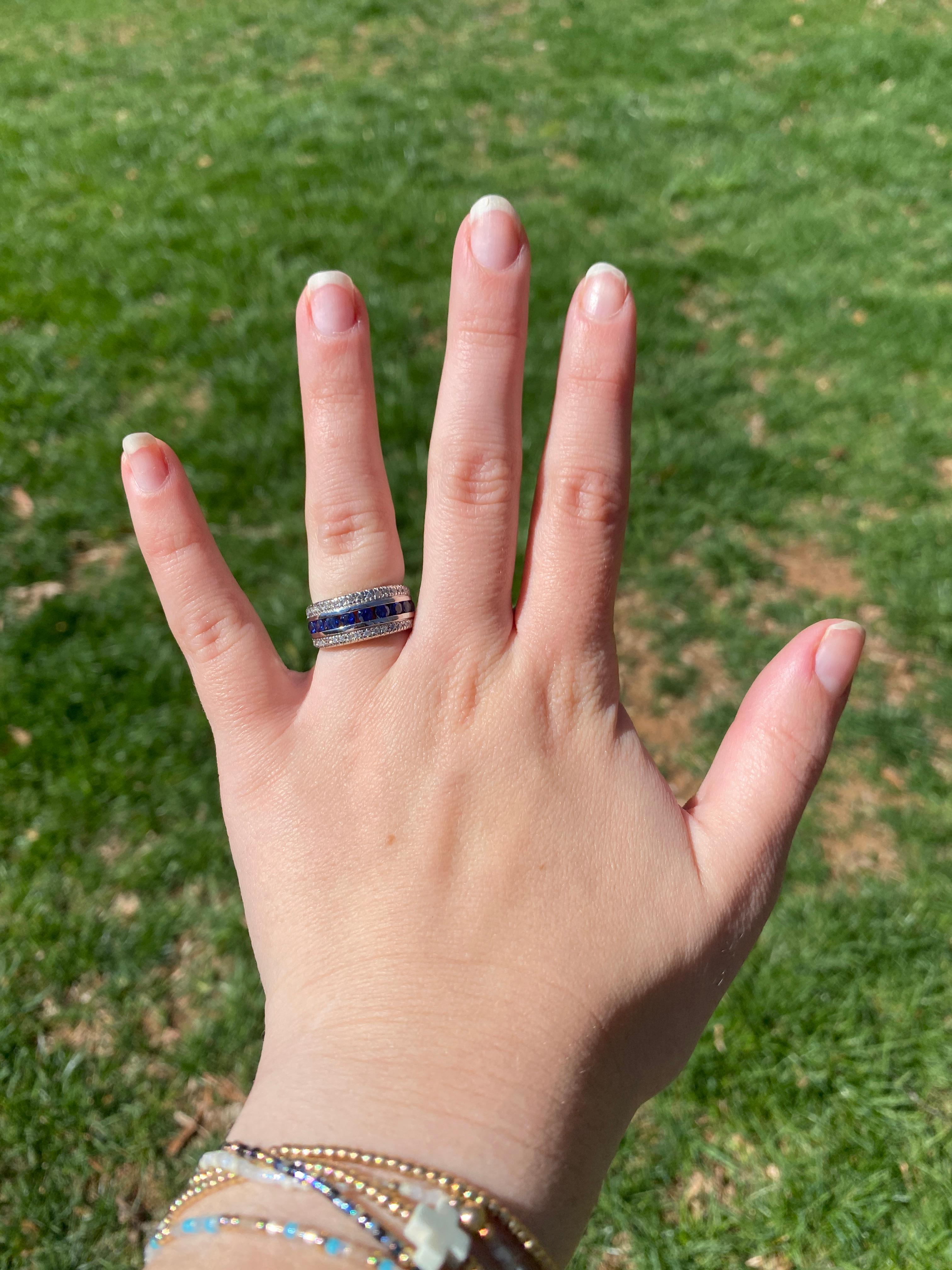 Bague large avec saphir et diamants 1,20 carat, or blanc 14 carats, taille de bague 6 en vente 1