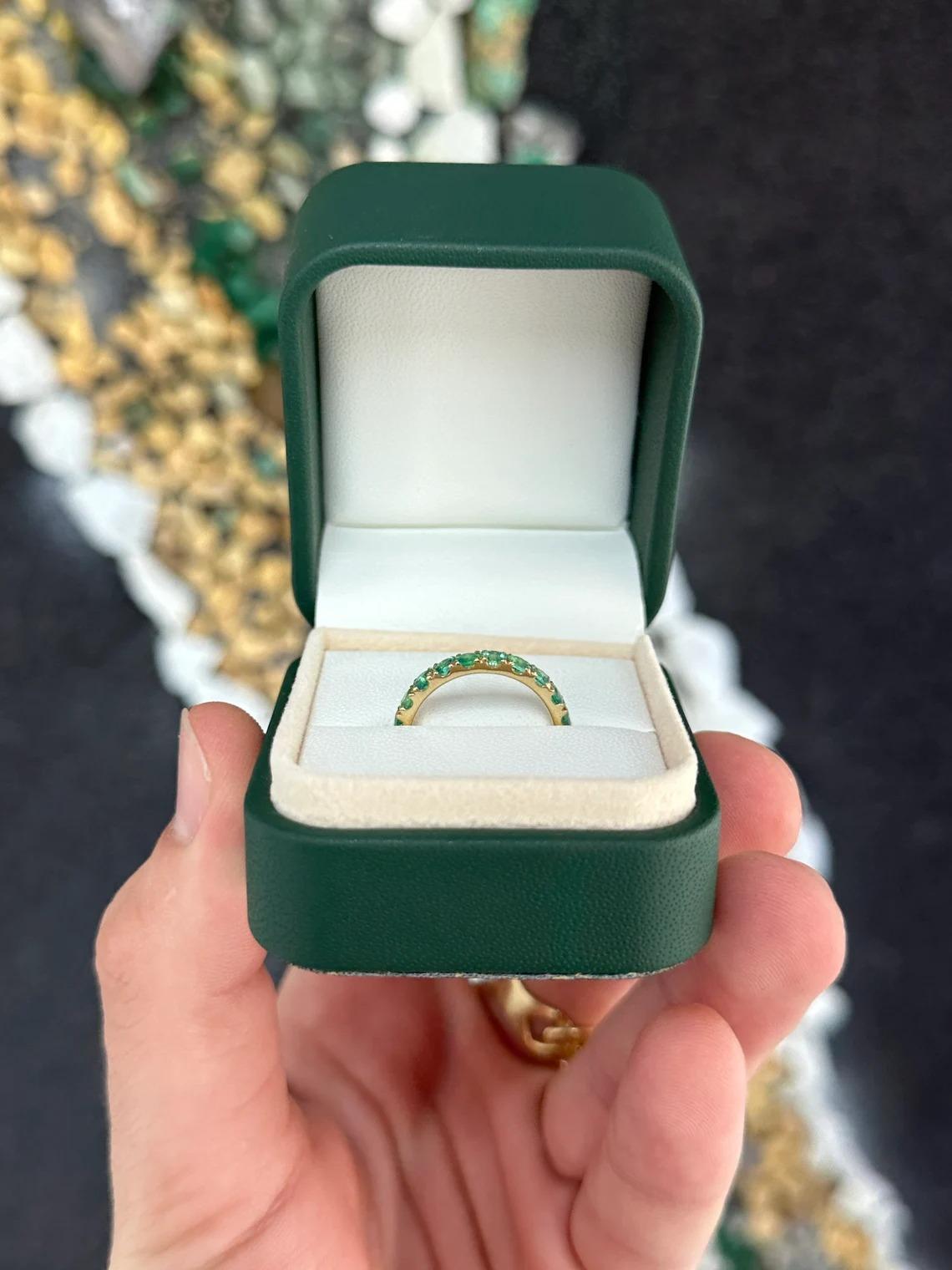 For Sale:  1.20tcw 14K Natural Medium Green Round Cut Emerald French Set Gold Band Ring 5