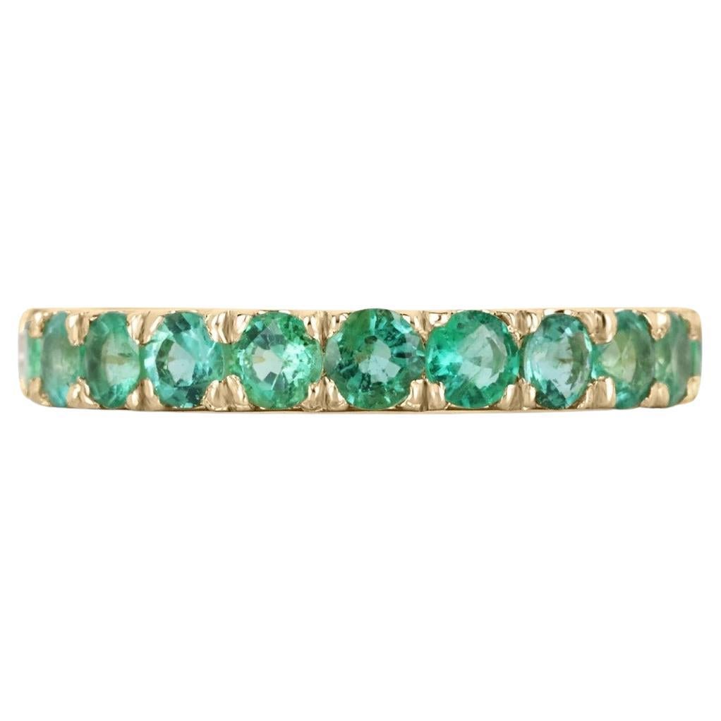 For Sale:  1.20tcw 14K Natural Medium Green Round Cut Emerald French Set Gold Band Ring