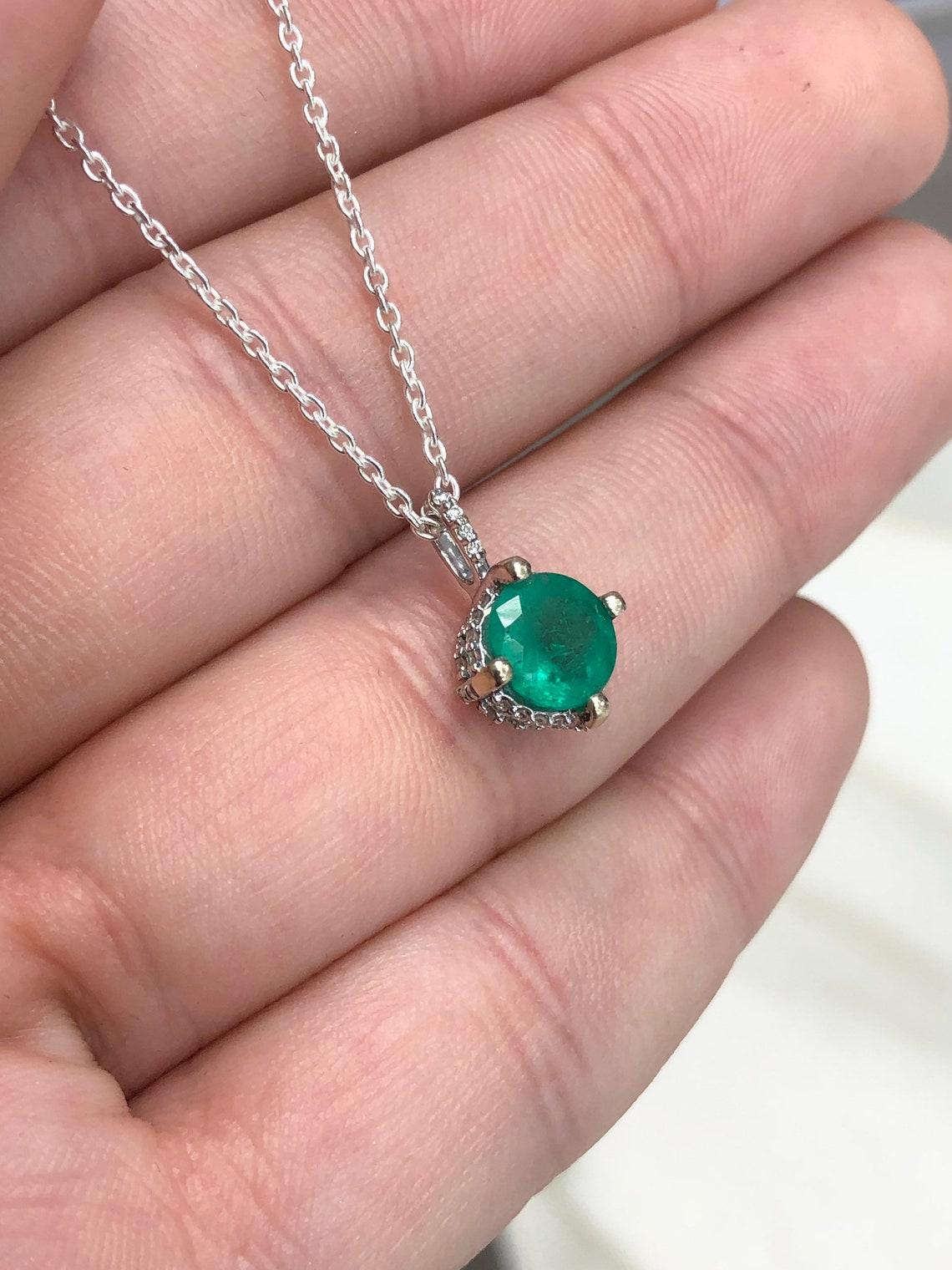 Emerald Cut 1.20tcw 14K White Gold Emerald & Diamond Pendant Necklace May Birthstone For Sale