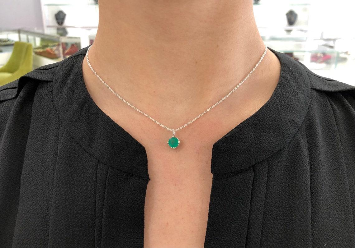 Women's 1.20tcw 14K White Gold Emerald & Diamond Pendant Necklace May Birthstone For Sale