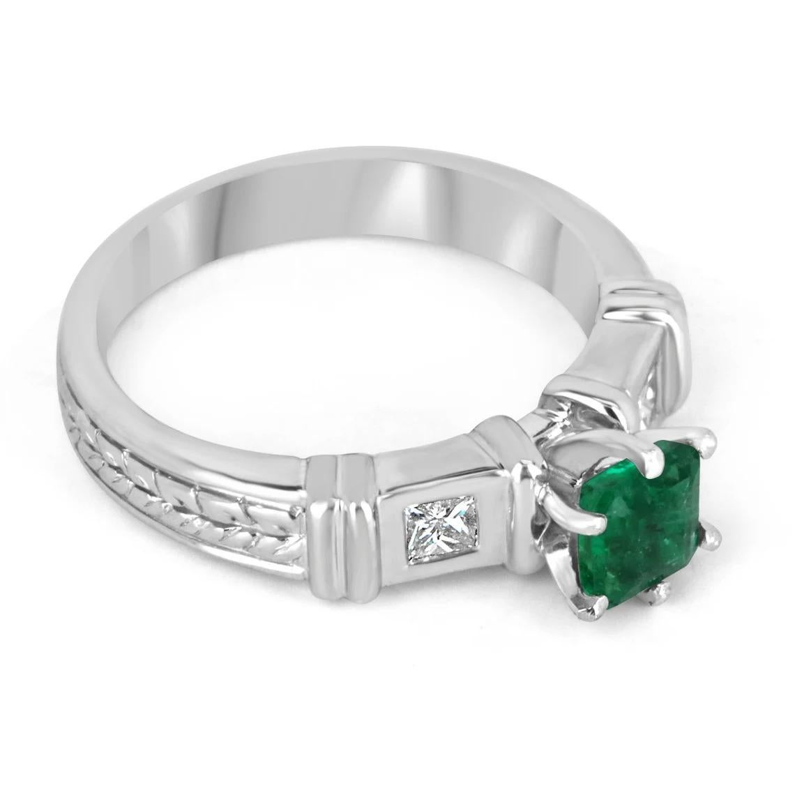 A remarkable emerald and diamond ring. This masterpiece features a desirable emerald green asscher cut emerald in the very center, carried by a six-prong setting. The gemstone in full display showcases high quality, as well as excellent-very good
