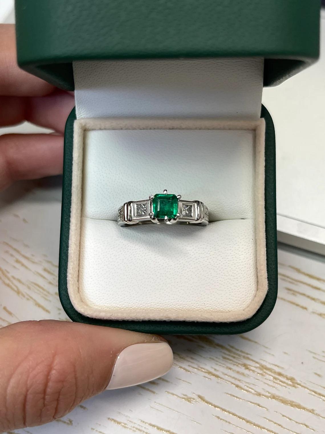 1.20tcw 18K Fine Quality Asscher Cut Emerald & Princess Cut Diamond Accent Ring For Sale 1