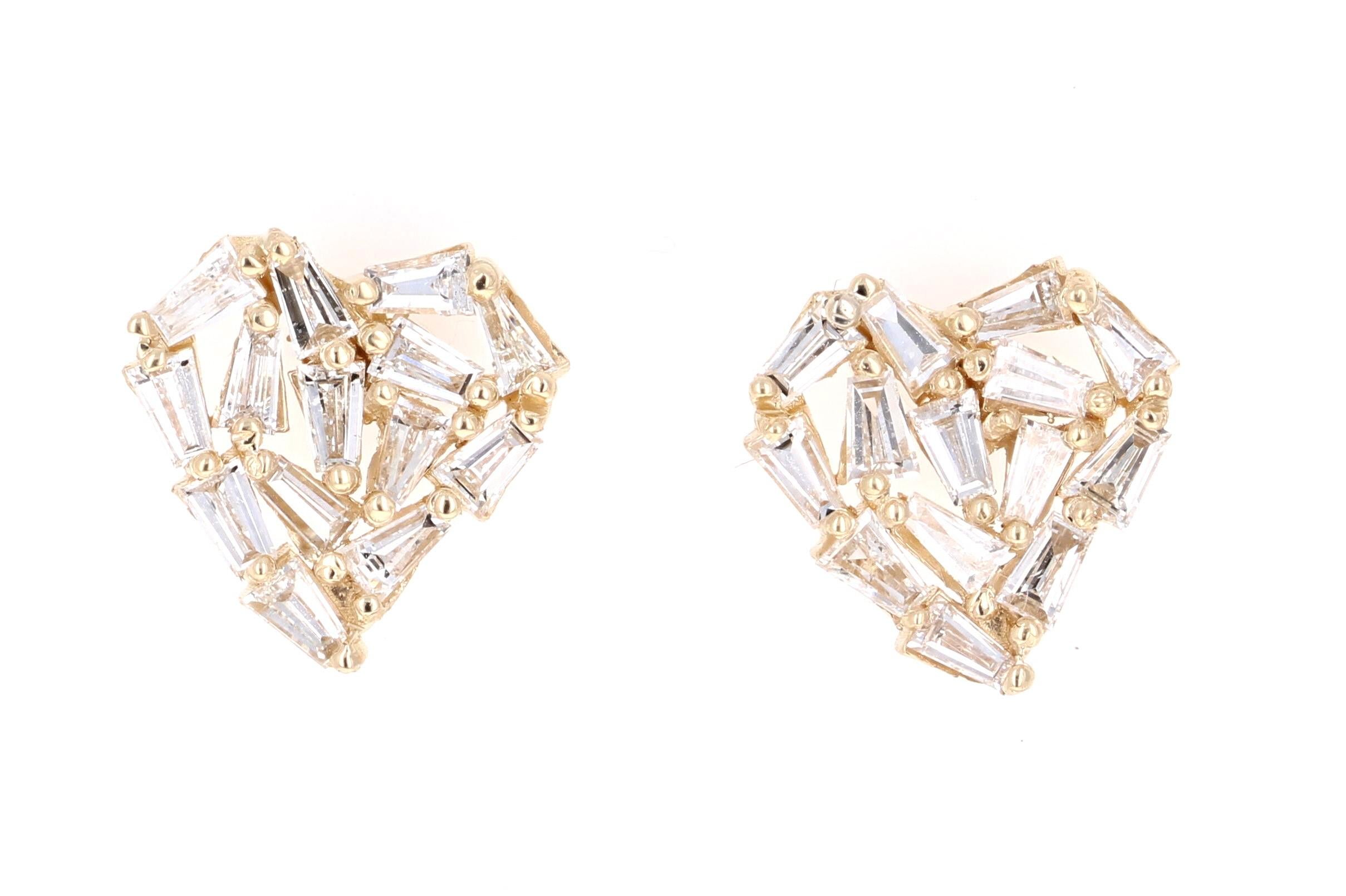 Cute, dainty earrings that make a statement!
1.21 Carat Baguette Cut Diamond 14 Karat Yellow Gold Stud Earrings!

The 28 Baguette Cut Diamonds that weigh  1.21 Carats (Clarity: VS, Color: I)  are carefully set to create a Heart Design giving these a