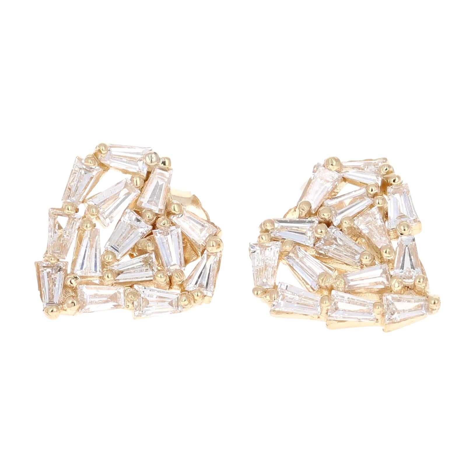 1.21 Carat Baguette Diamond 14 Karat Yellow Gold Stud Earrings