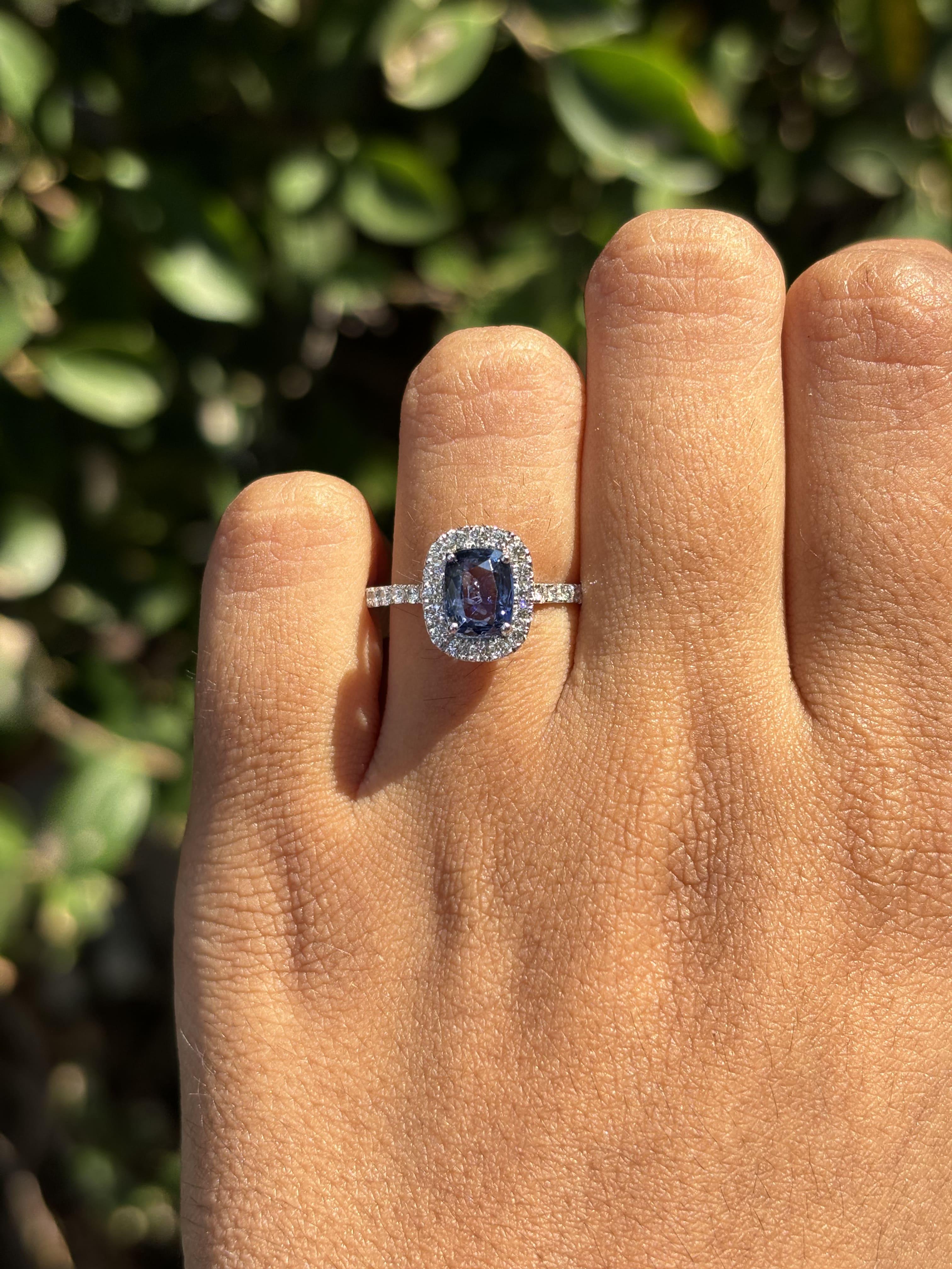 1.21 Carat Ceylon Blue Sapphire Ring with Halo Diamonds in 14K White Gold For Sale 4