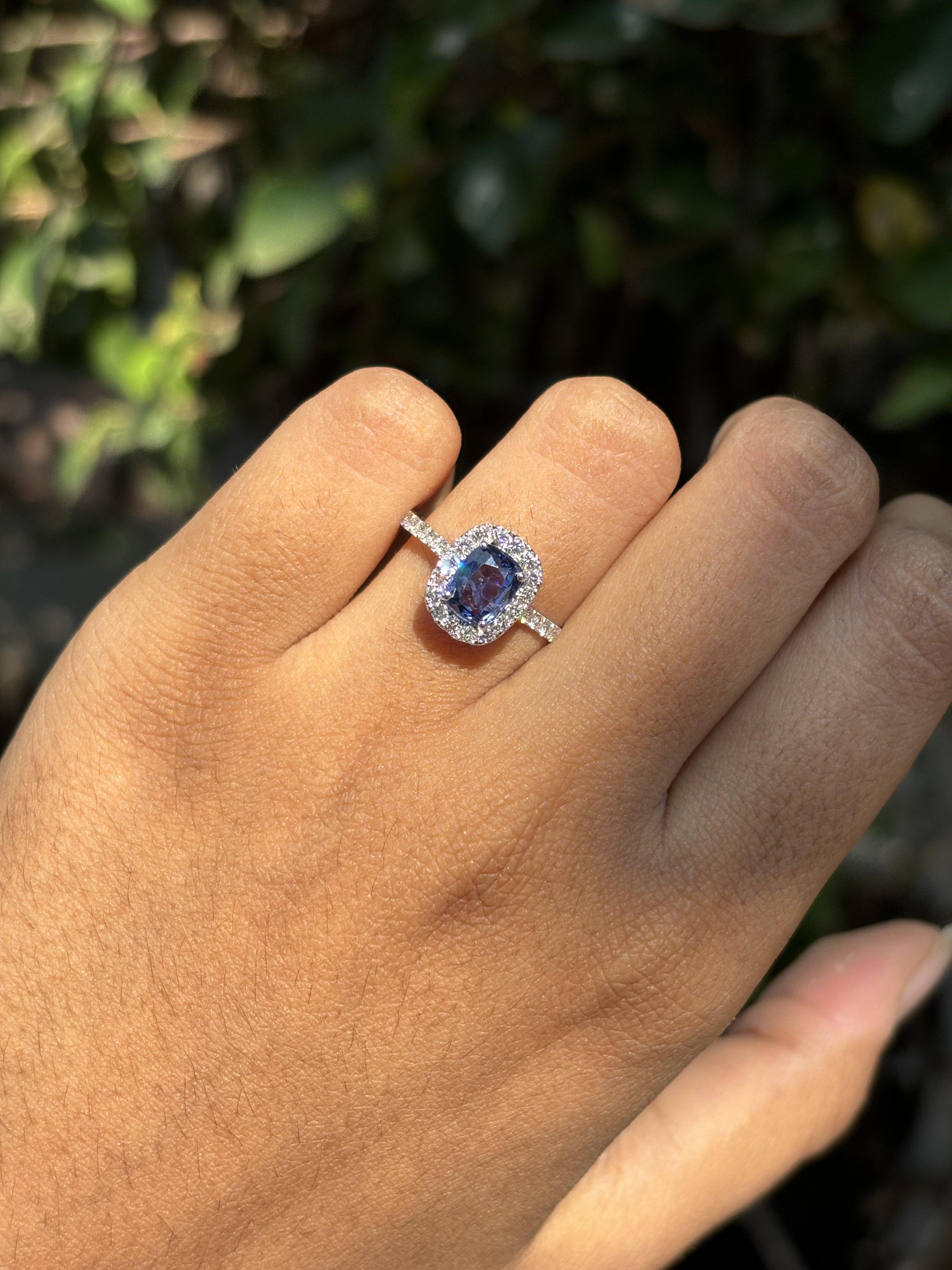 1.21 Carat Ceylon Blue Sapphire Ring with Halo Diamonds in 14K White Gold For Sale 5