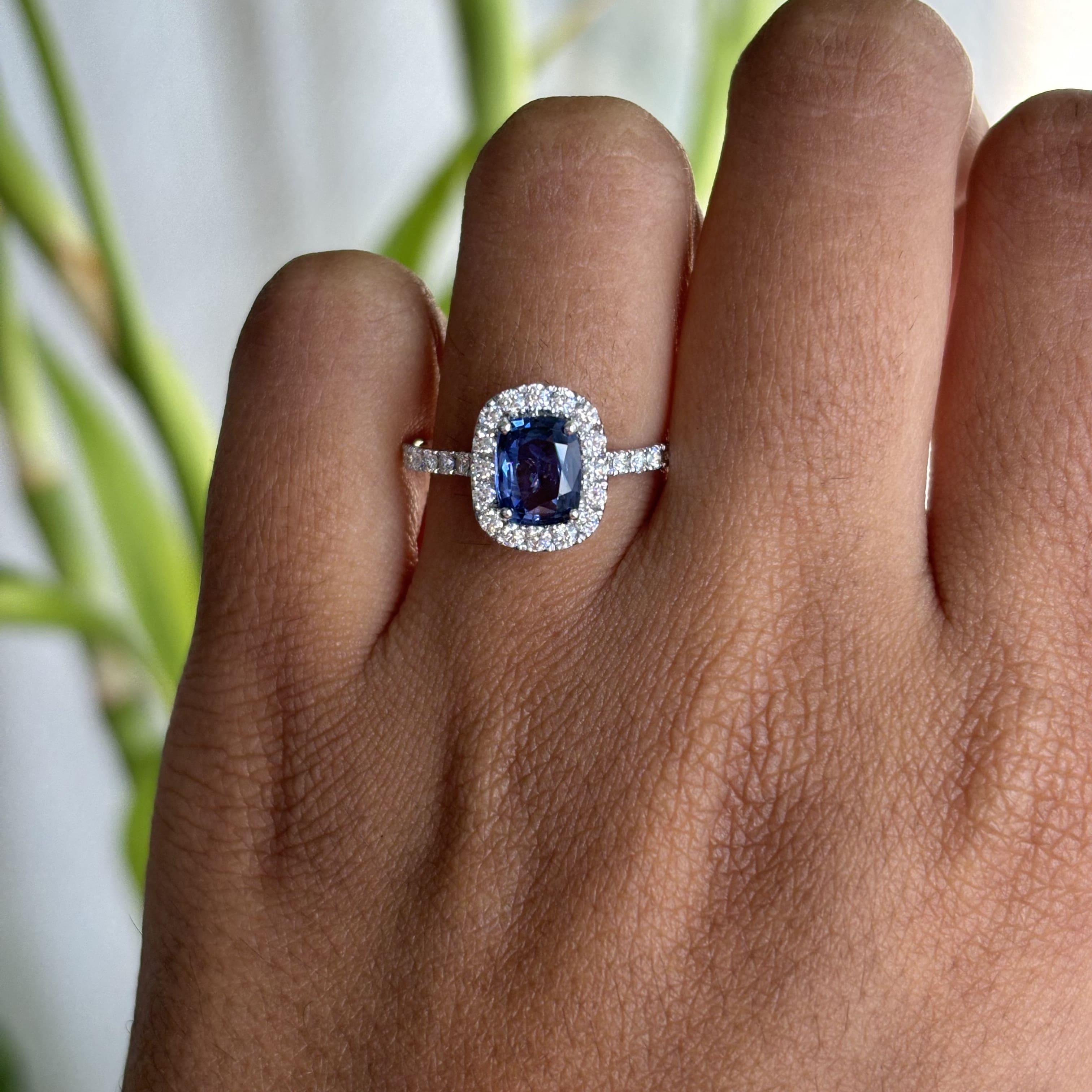 Art Deco 1.21 Carat Ceylon Blue Sapphire Ring with Halo Diamonds in 14K White Gold For Sale