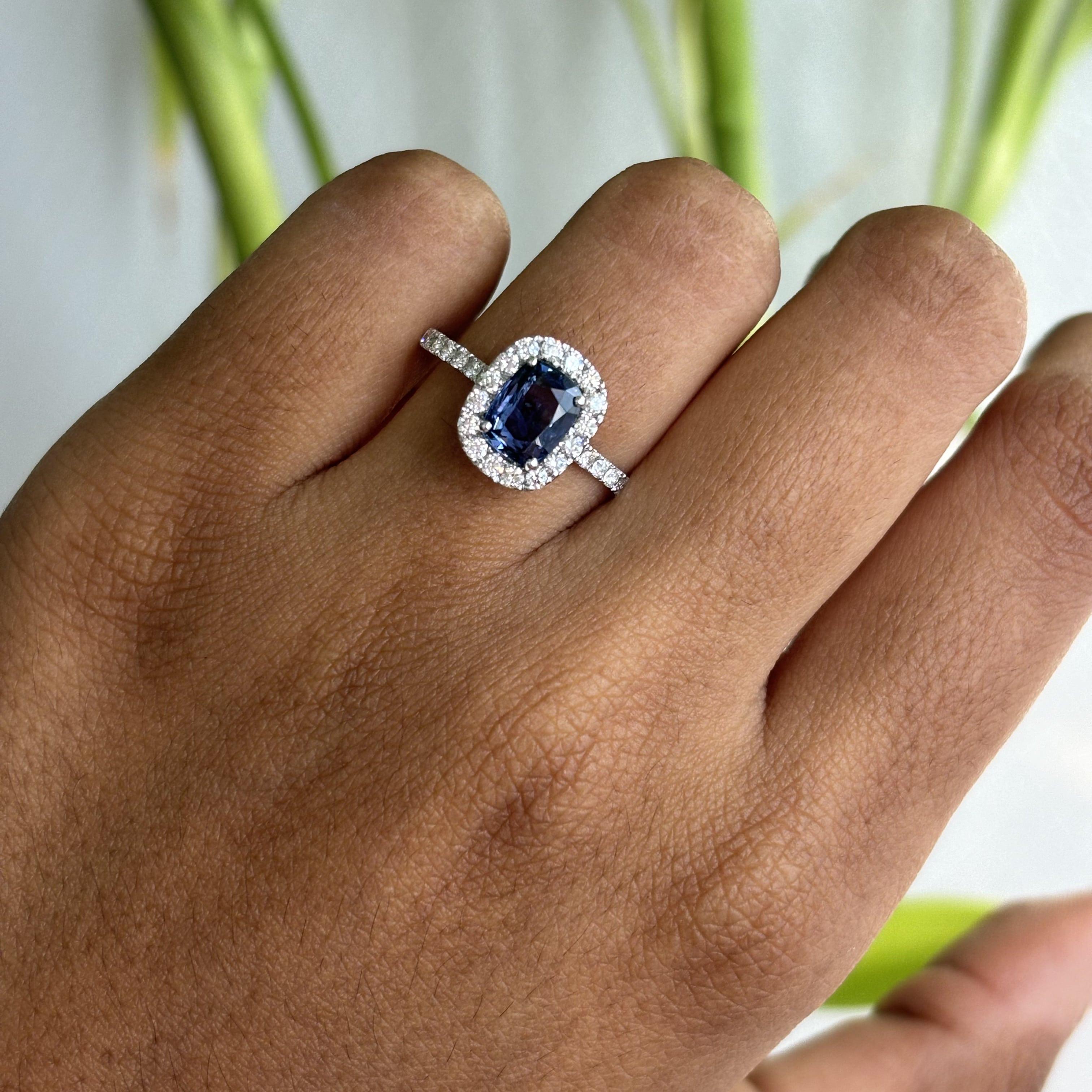 Cushion Cut 1.21 Carat Ceylon Blue Sapphire Ring with Halo Diamonds in 14K White Gold For Sale