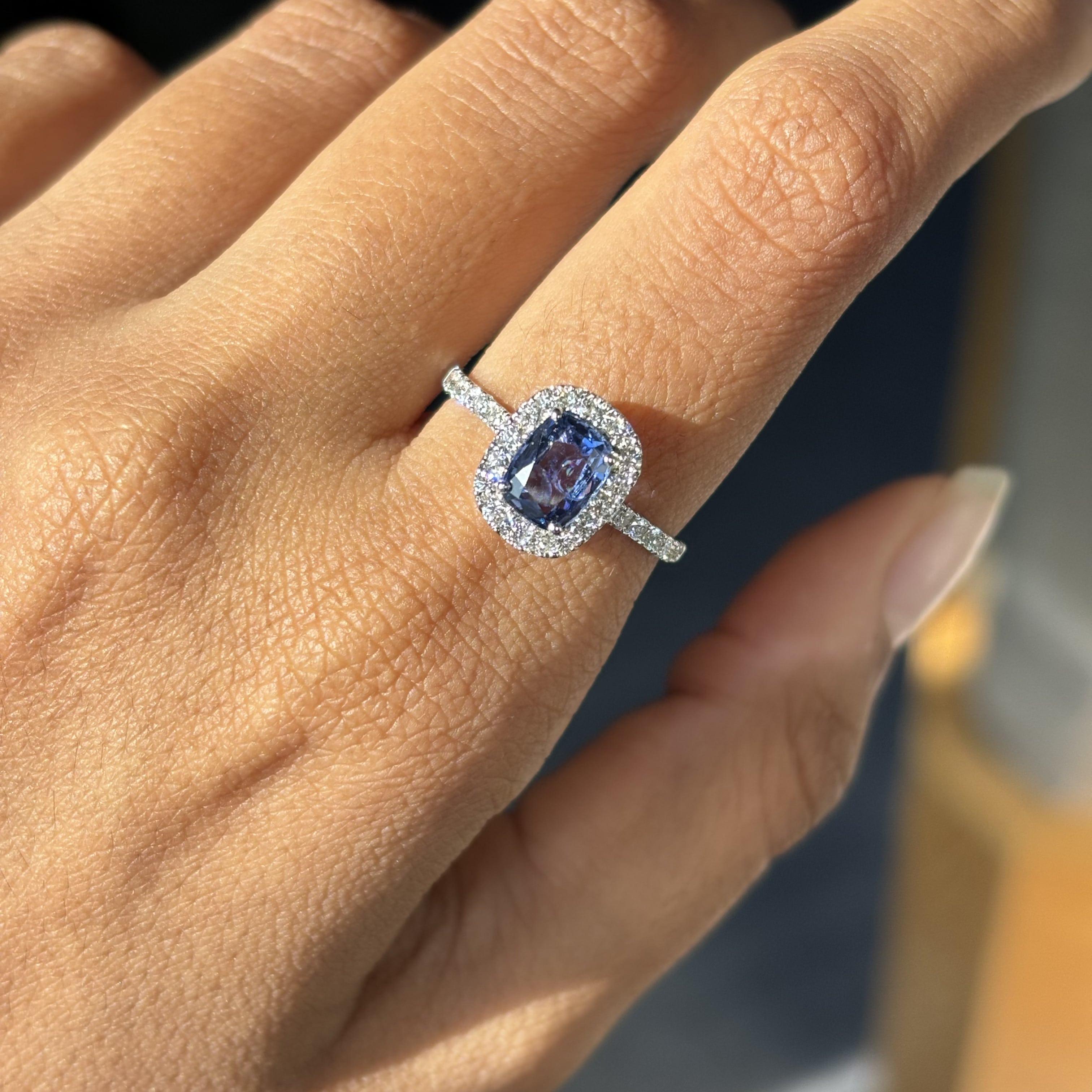 Women's or Men's 1.21 Carat Ceylon Blue Sapphire Ring with Halo Diamonds in 14K White Gold For Sale