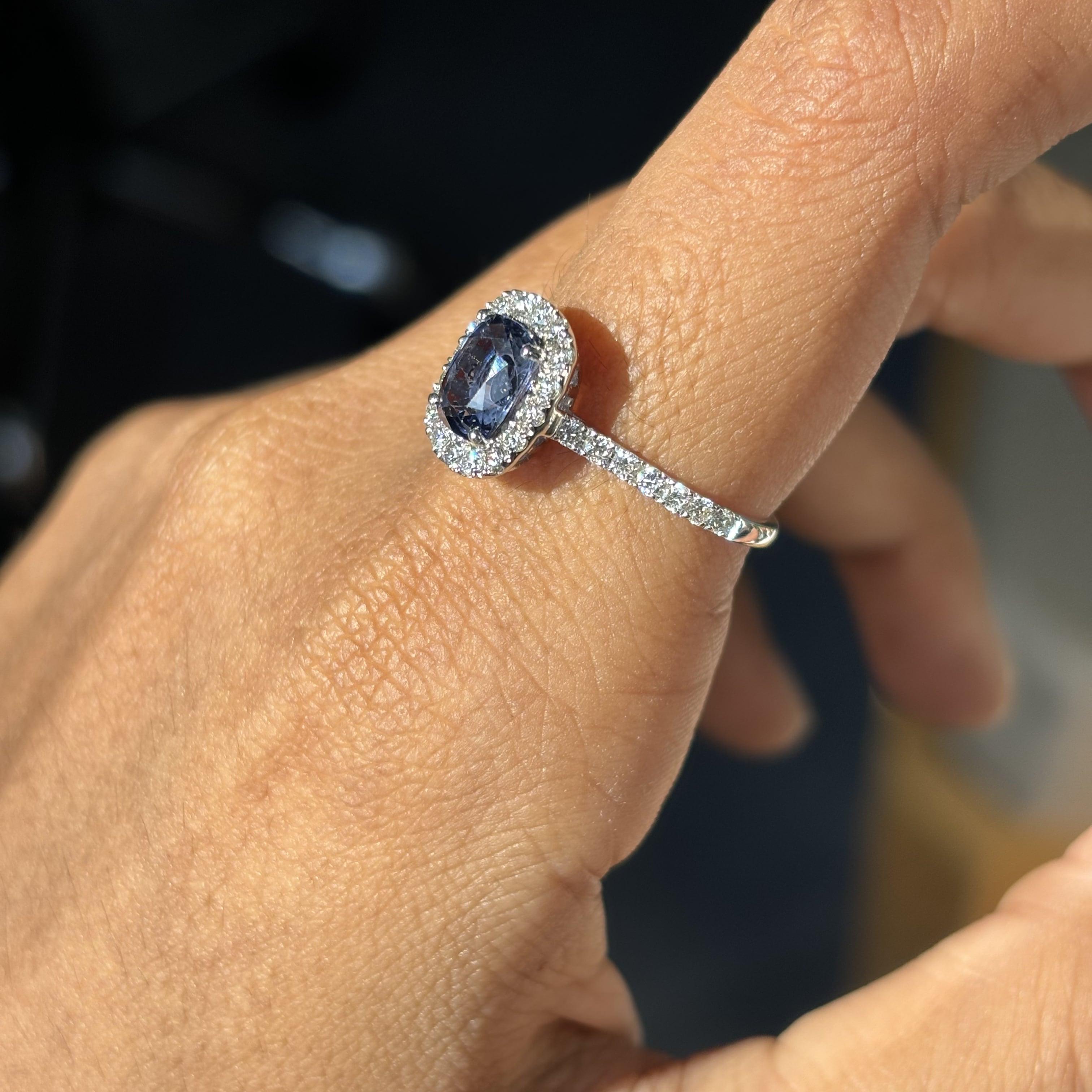 1.21 Carat Ceylon Blue Sapphire Ring with Halo Diamonds in 14K White Gold For Sale 1