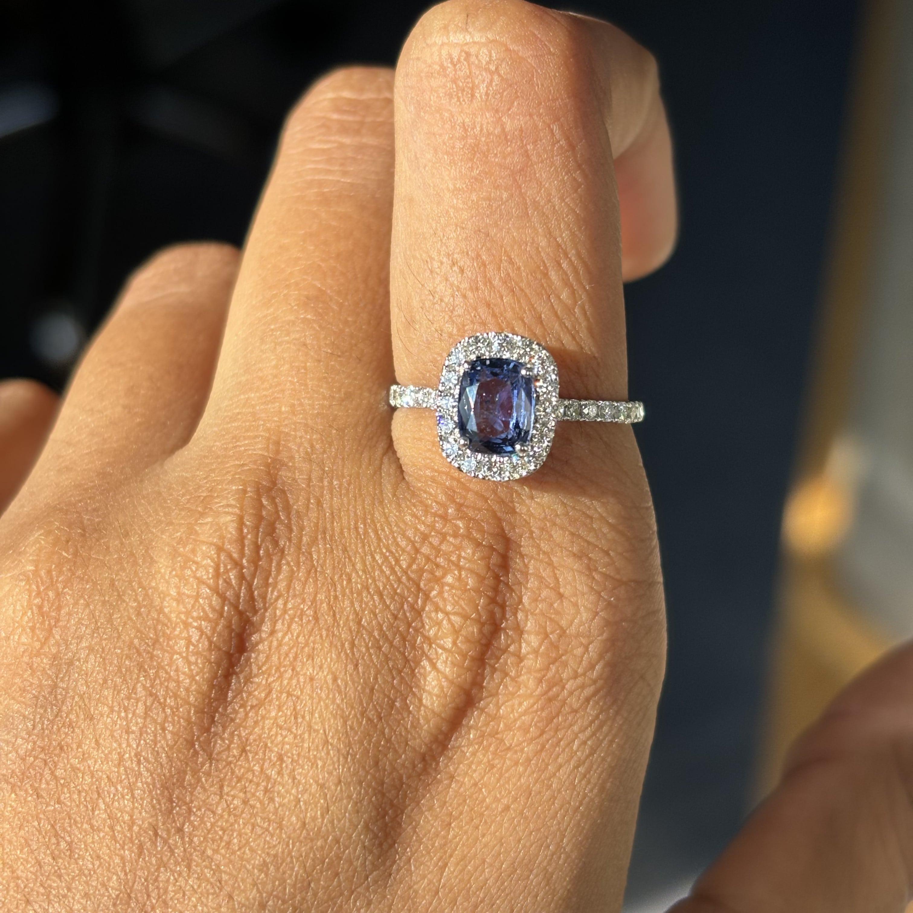1.21 Carat Ceylon Blue Sapphire Ring with Halo Diamonds in 14K White Gold For Sale 2