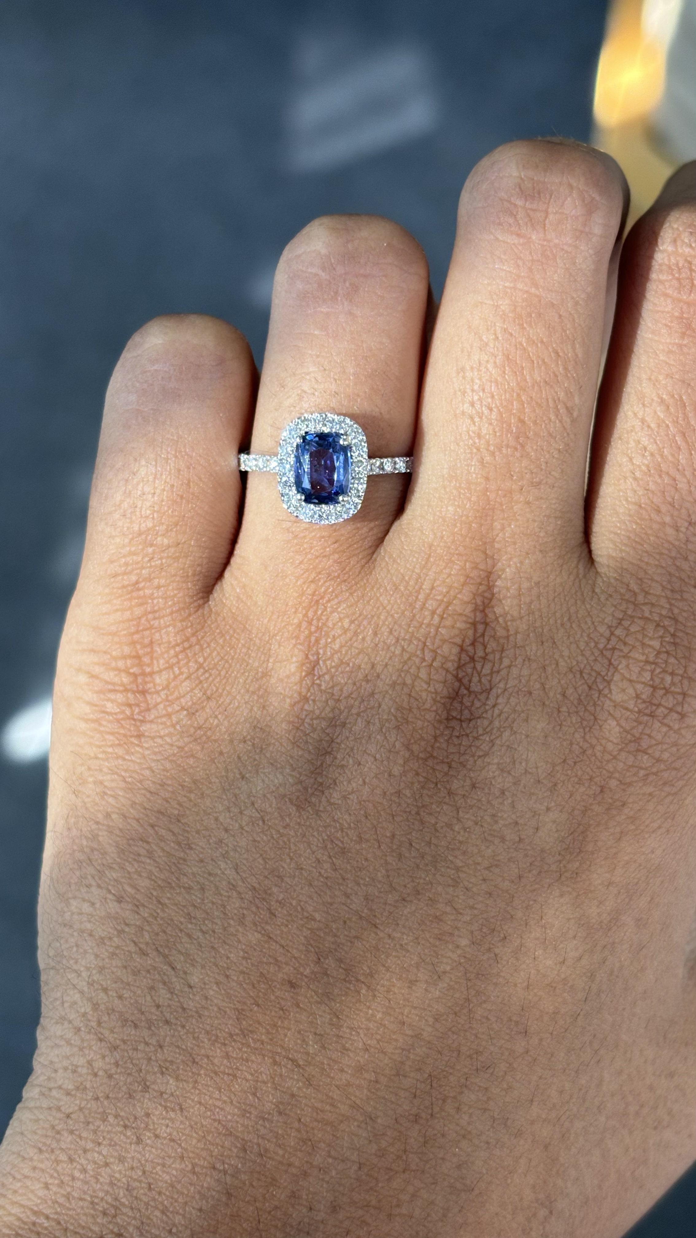 1.21 Carat Ceylon Blue Sapphire Ring with Halo Diamonds in 14K White Gold For Sale 3