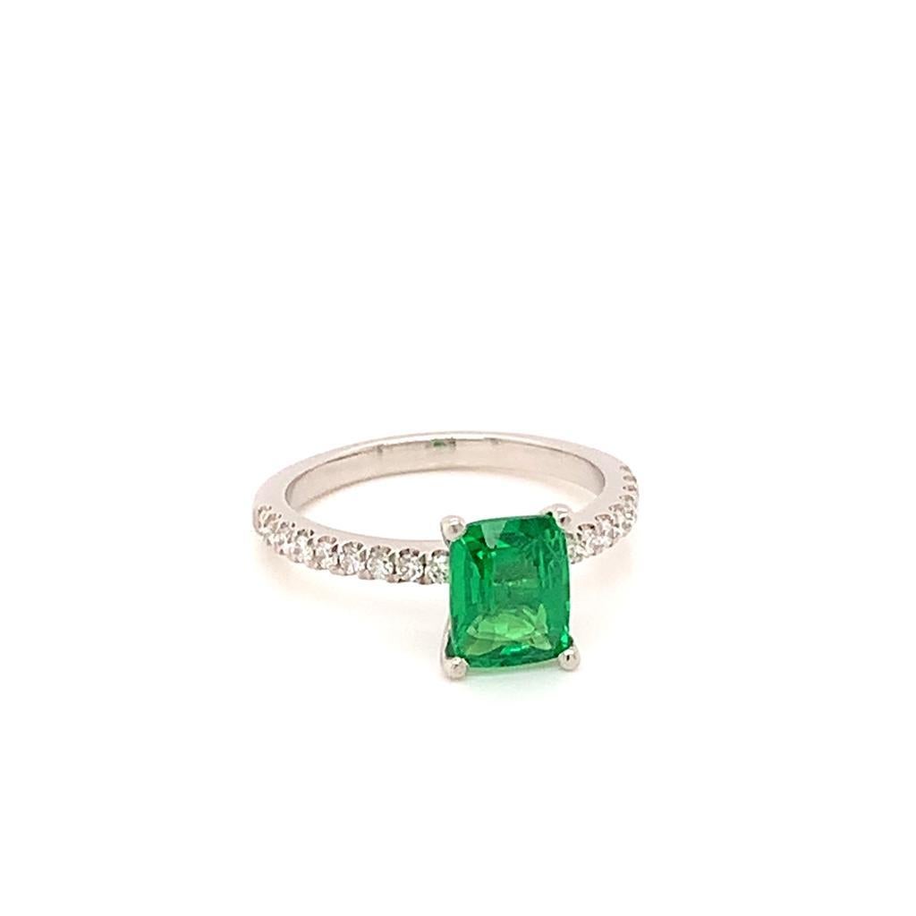 At the centre of this Exquisite Platinum ring is a striking 1.21 Carat Cushion cut Tsavorite whose luscious, rich green hues captivate the attention of anyone who sets their eyes on it. From our Sensation Collection, this phenomenal ring has an