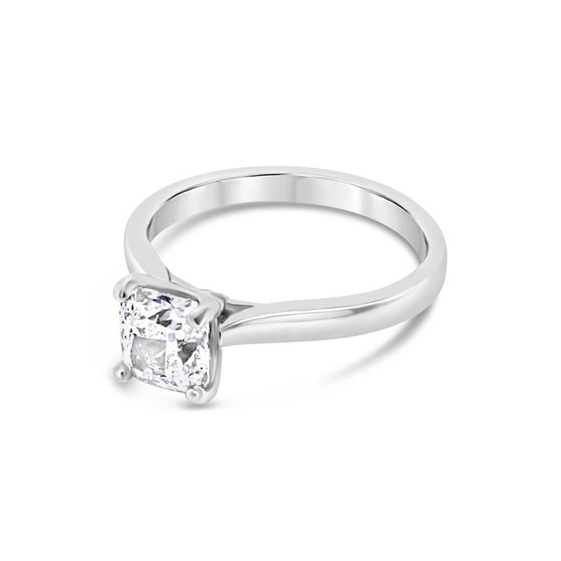 This beautiful ring features a 1.21 carat cushion modified brilliant diamond set in a 14 karat white gold cathedral style setting. It is currently a size 6.5 but can be resized upon request. 
Measurements: 6.02mm x 5.75mm x 4.07mm
GIA Report