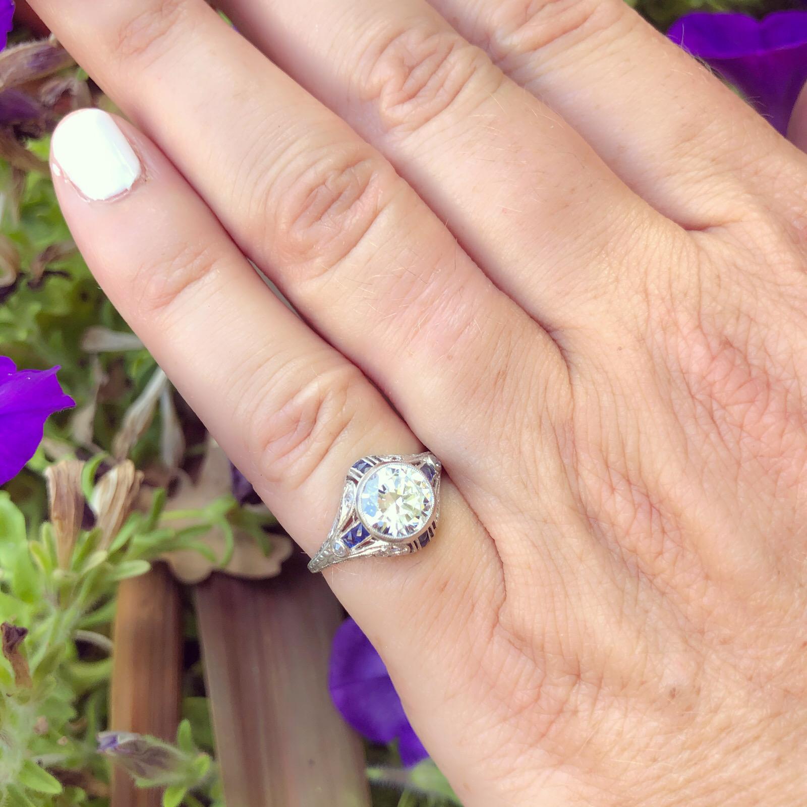 Art Deco 1.21 Carat Diamond and Sapphire Antique Engagement Ring For Sale
