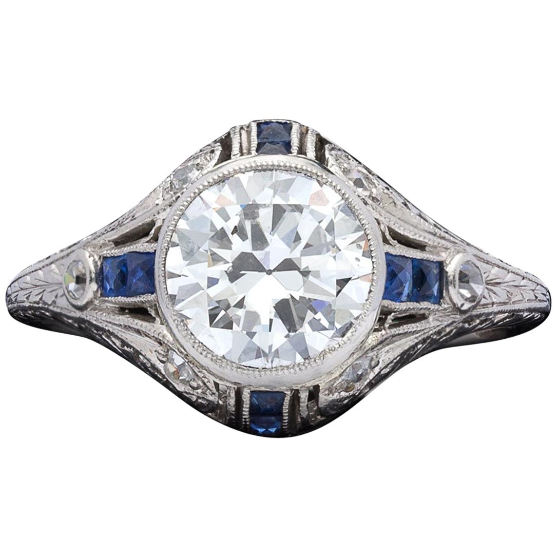 1.21 Carat Diamond and Sapphire Antique Engagement Ring For Sale