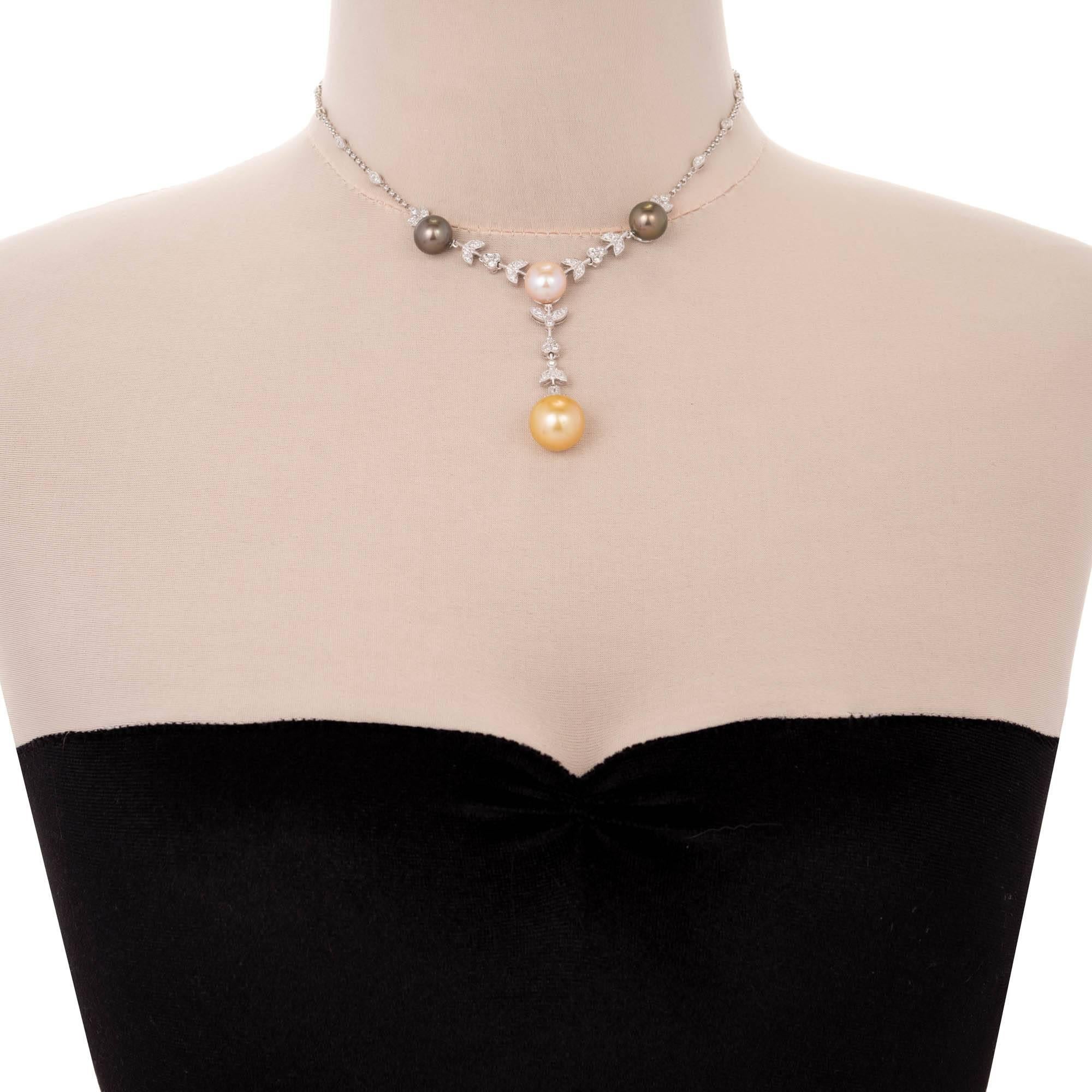 1.21 Carat Diamond South Sea Cultured Pearl Gold Drop Necklace In Good Condition In Stamford, CT