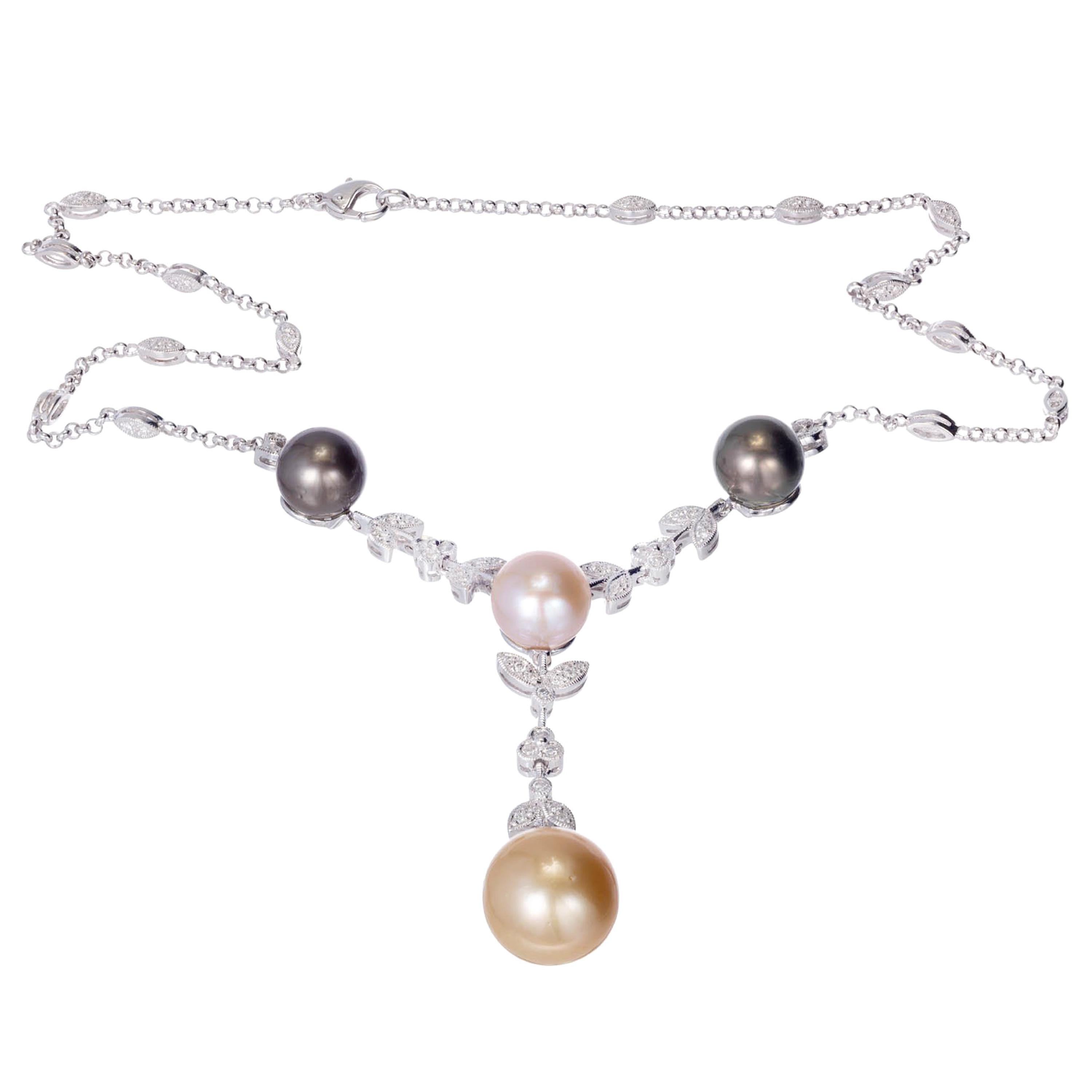 1.21 Carat Diamond South Sea Cultured Pearl Gold Drop Necklace