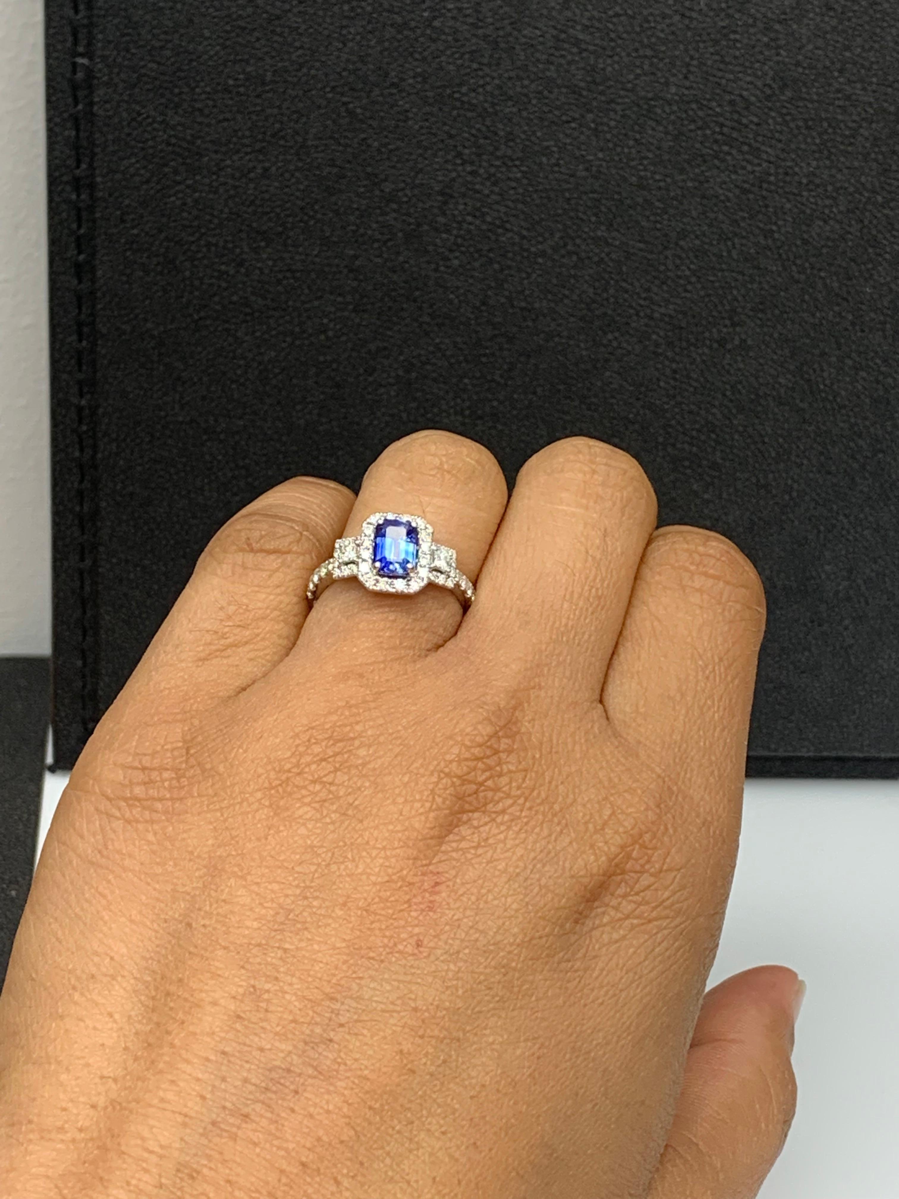 1.21 Carat Emerald Cut Blue Sapphire and Diamond Halo Ring in 18K White Gold For Sale 5