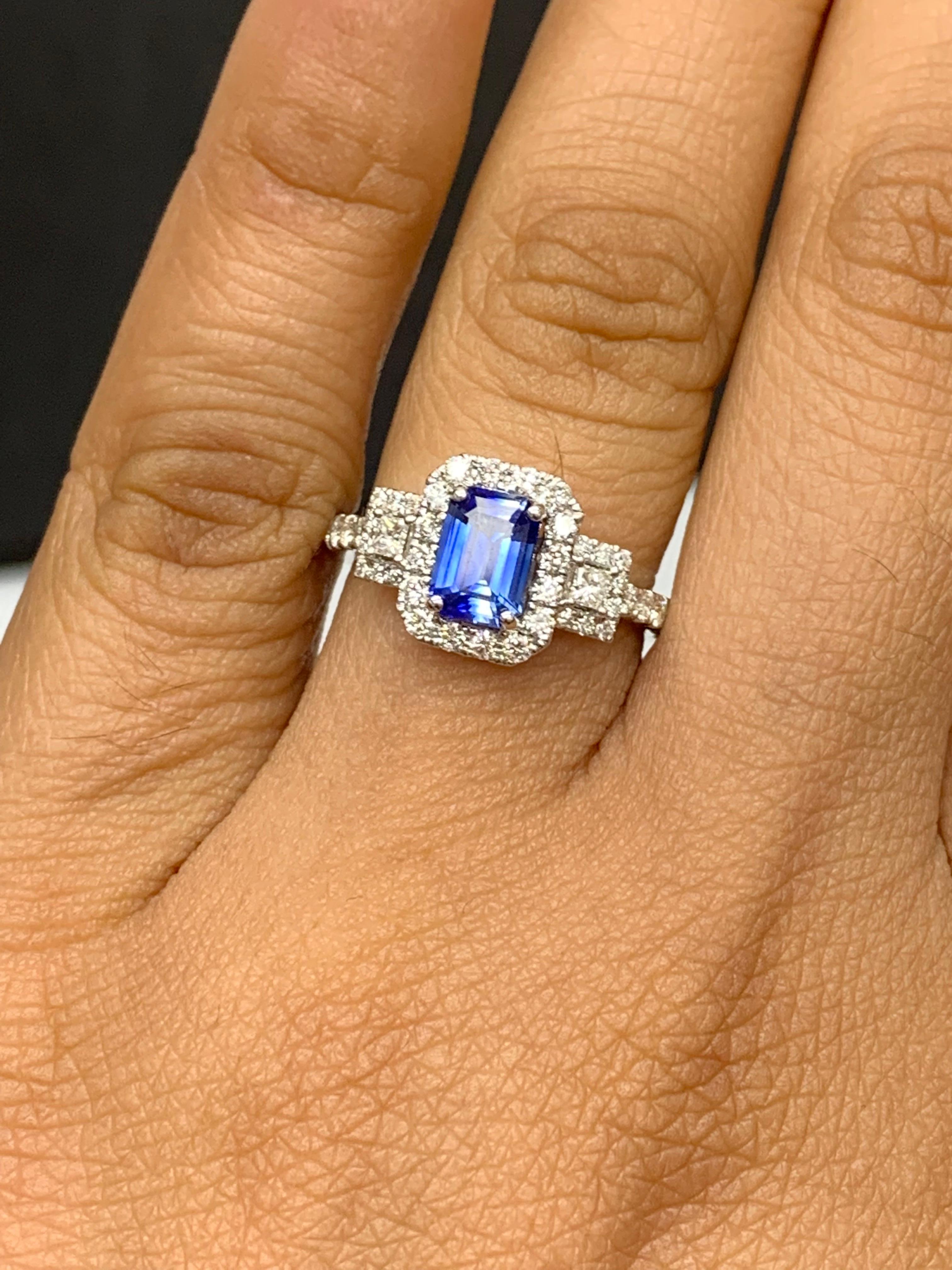 1.21 Carat Emerald Cut Blue Sapphire and Diamond Halo Ring in 18K White Gold For Sale 6