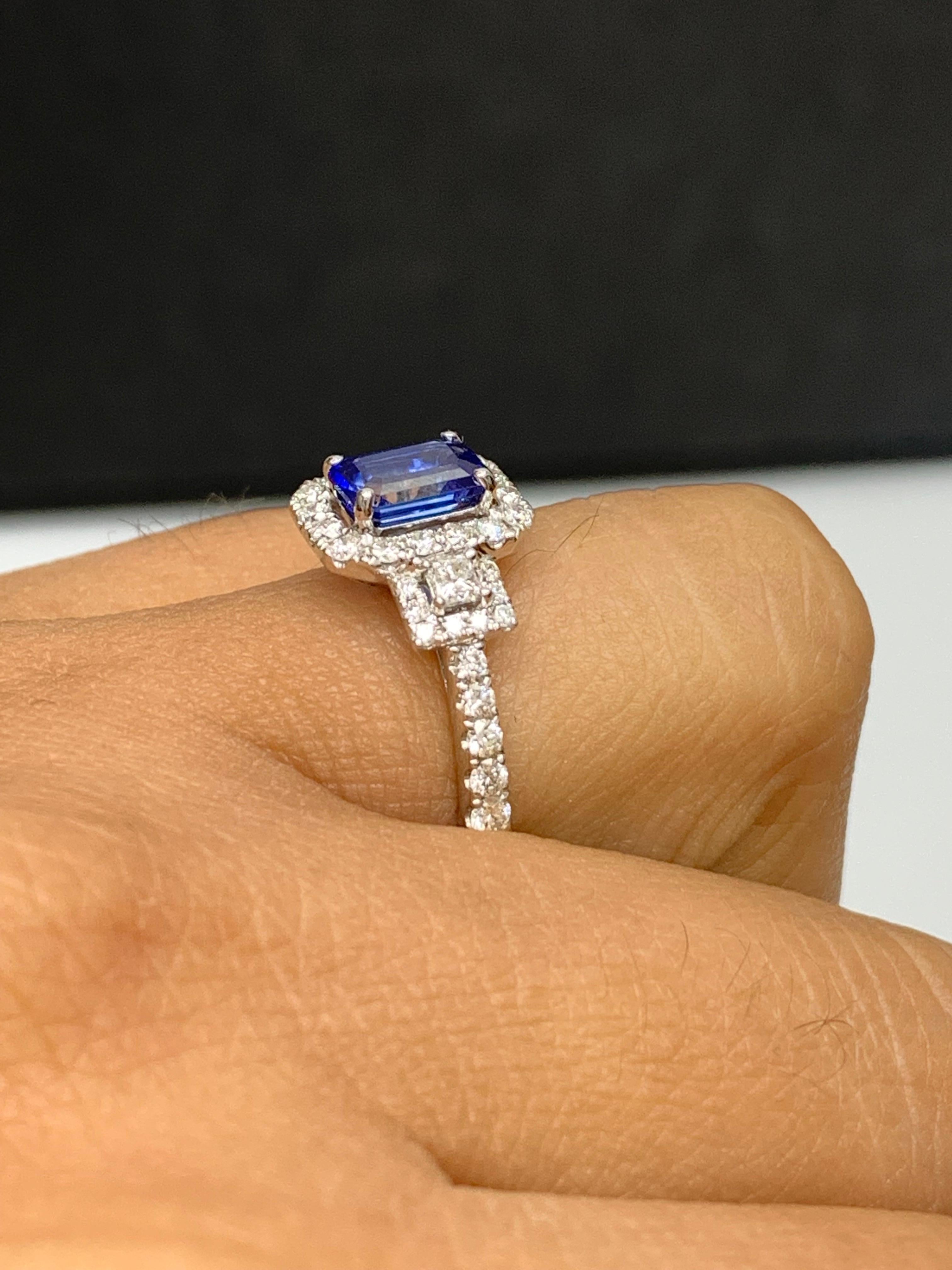 Women's 1.21 Carat Emerald Cut Blue Sapphire and Diamond Halo Ring in 18K White Gold For Sale