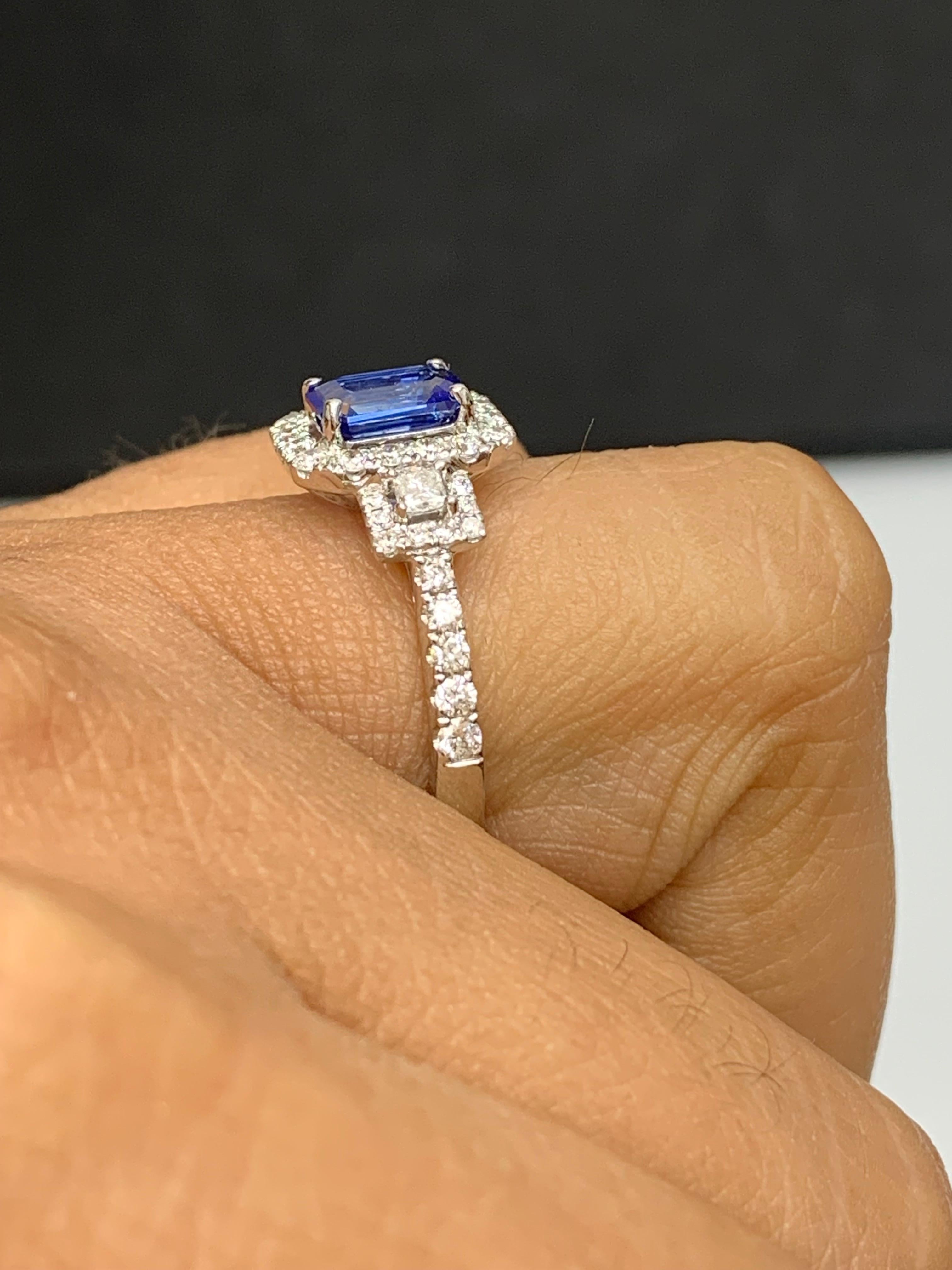 1.21 Carat Emerald Cut Blue Sapphire and Diamond Halo Ring in 18K White Gold For Sale 1