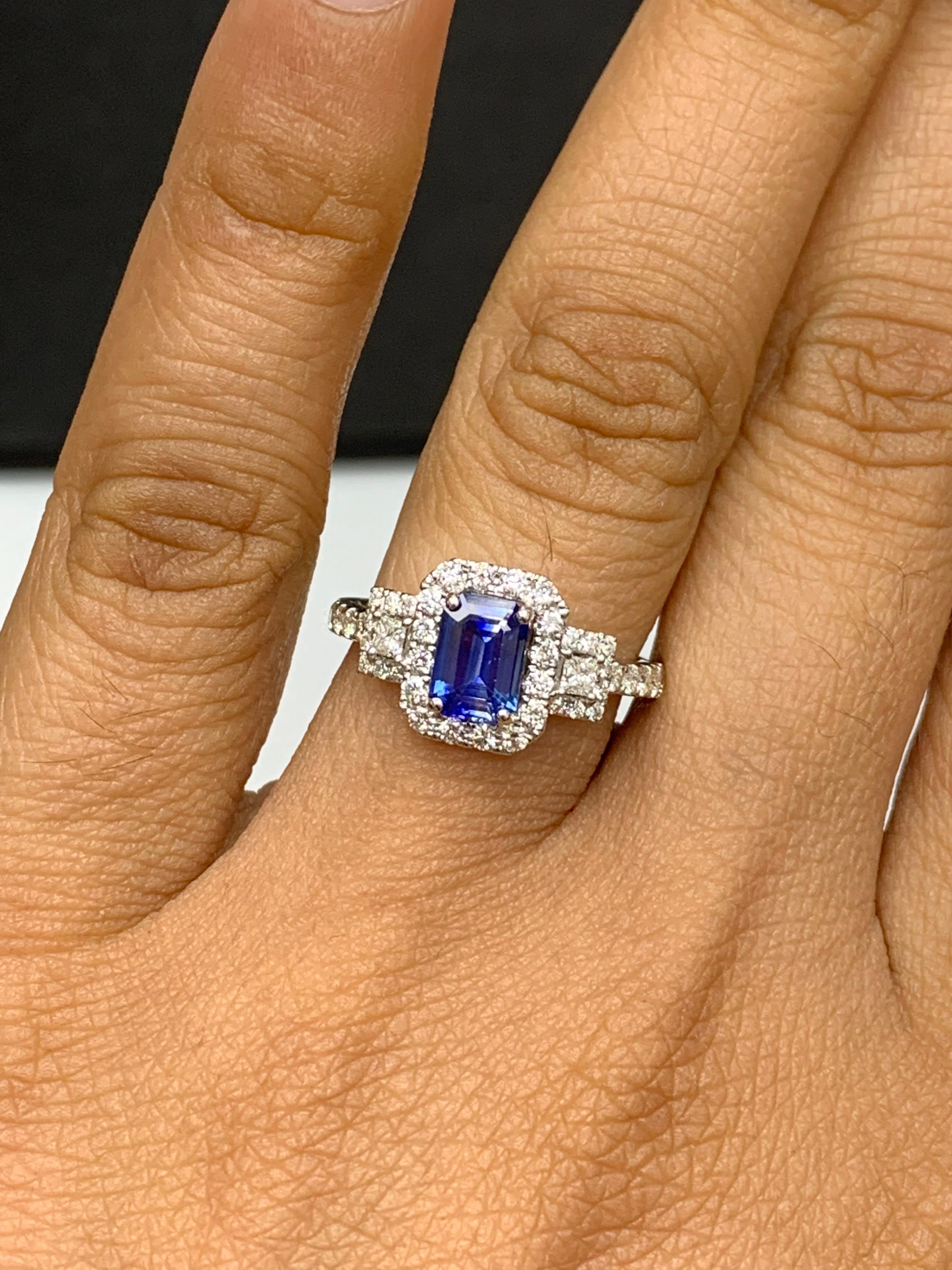 1.21 Carat Emerald Cut Blue Sapphire and Diamond Halo Ring in 18K White Gold For Sale 2