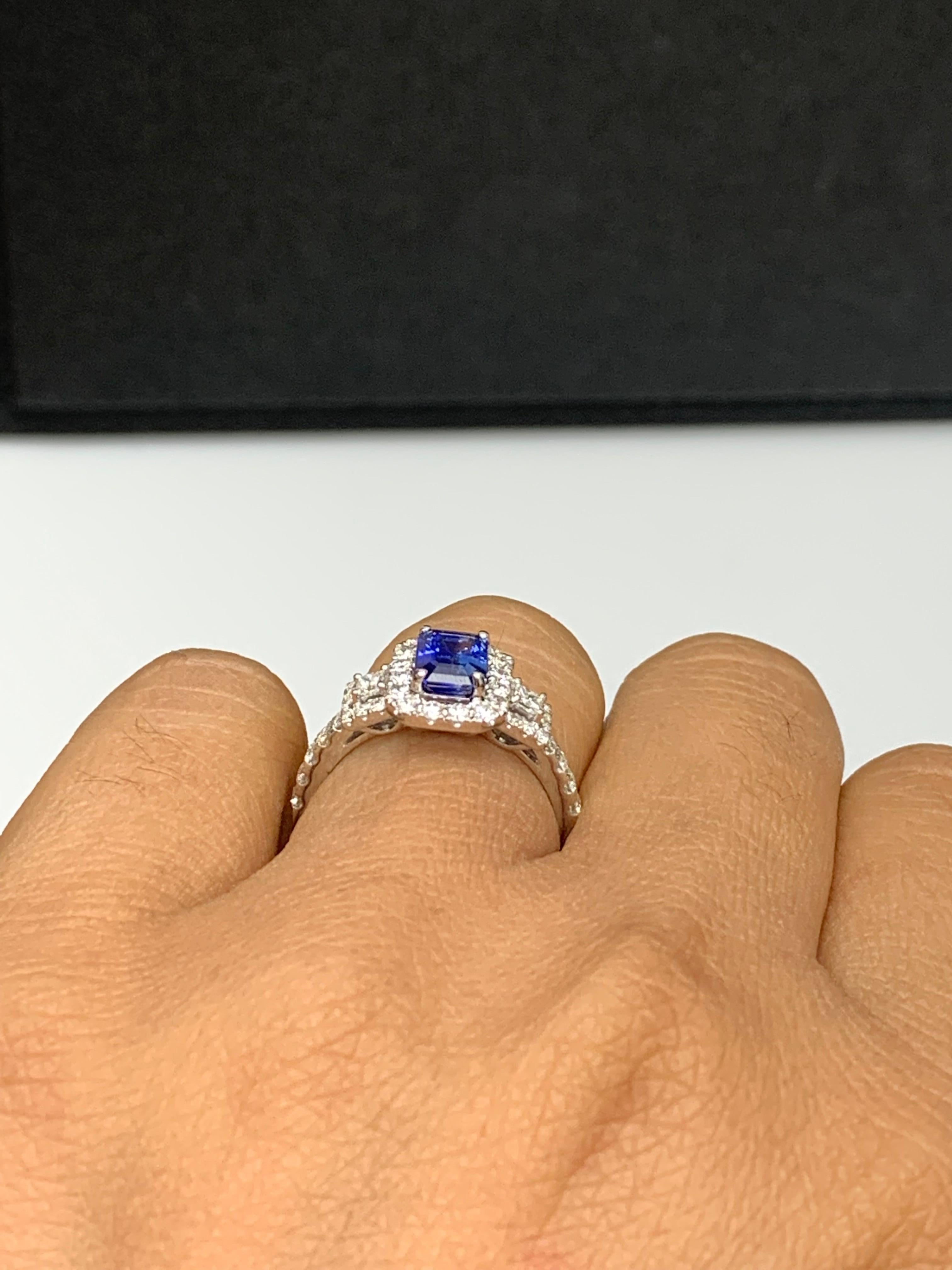 1.21 Carat Emerald Cut Blue Sapphire and Diamond Halo Ring in 18K White Gold For Sale 3