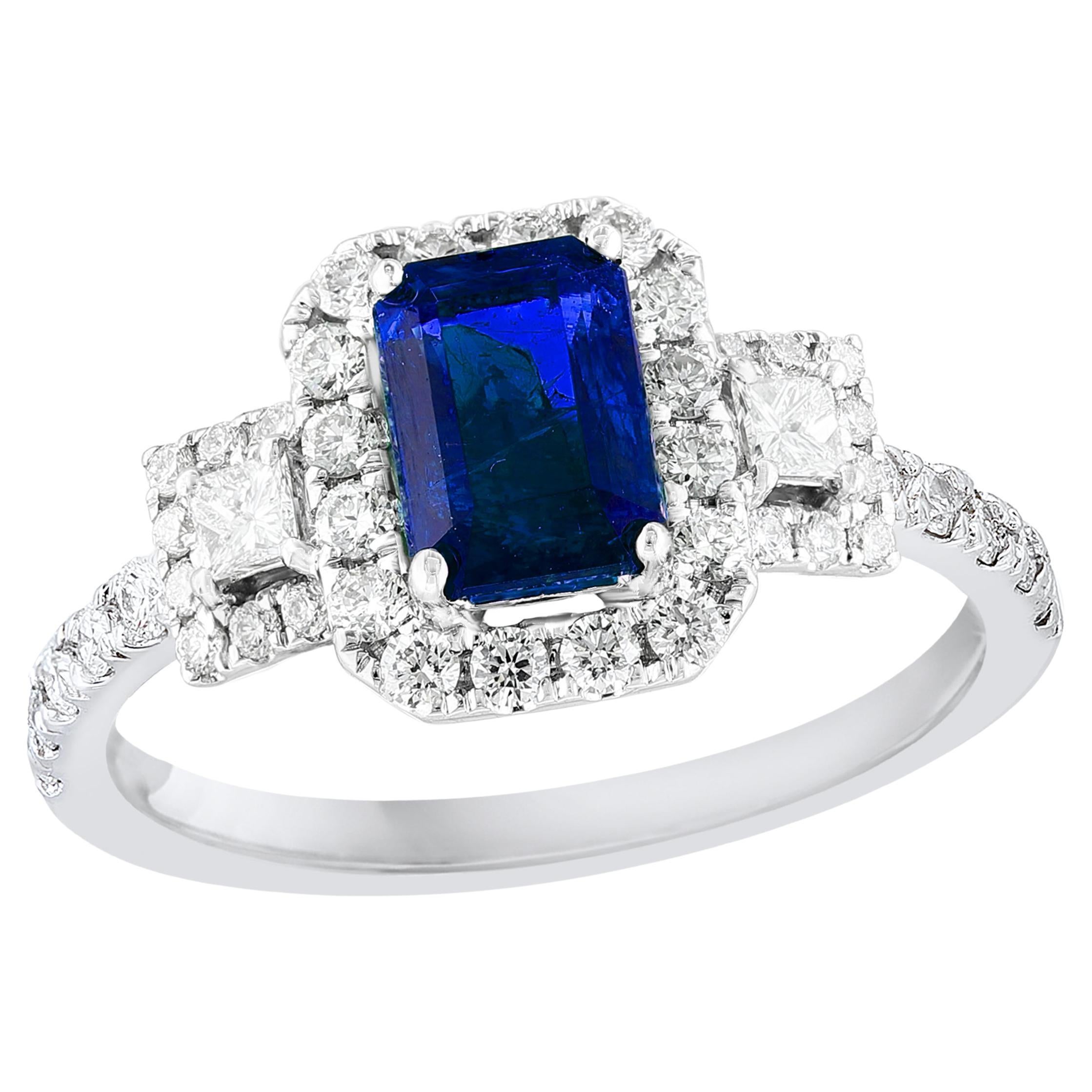 1.21 Carat Emerald Cut Blue Sapphire and Diamond Halo Ring in 18K White Gold For Sale
