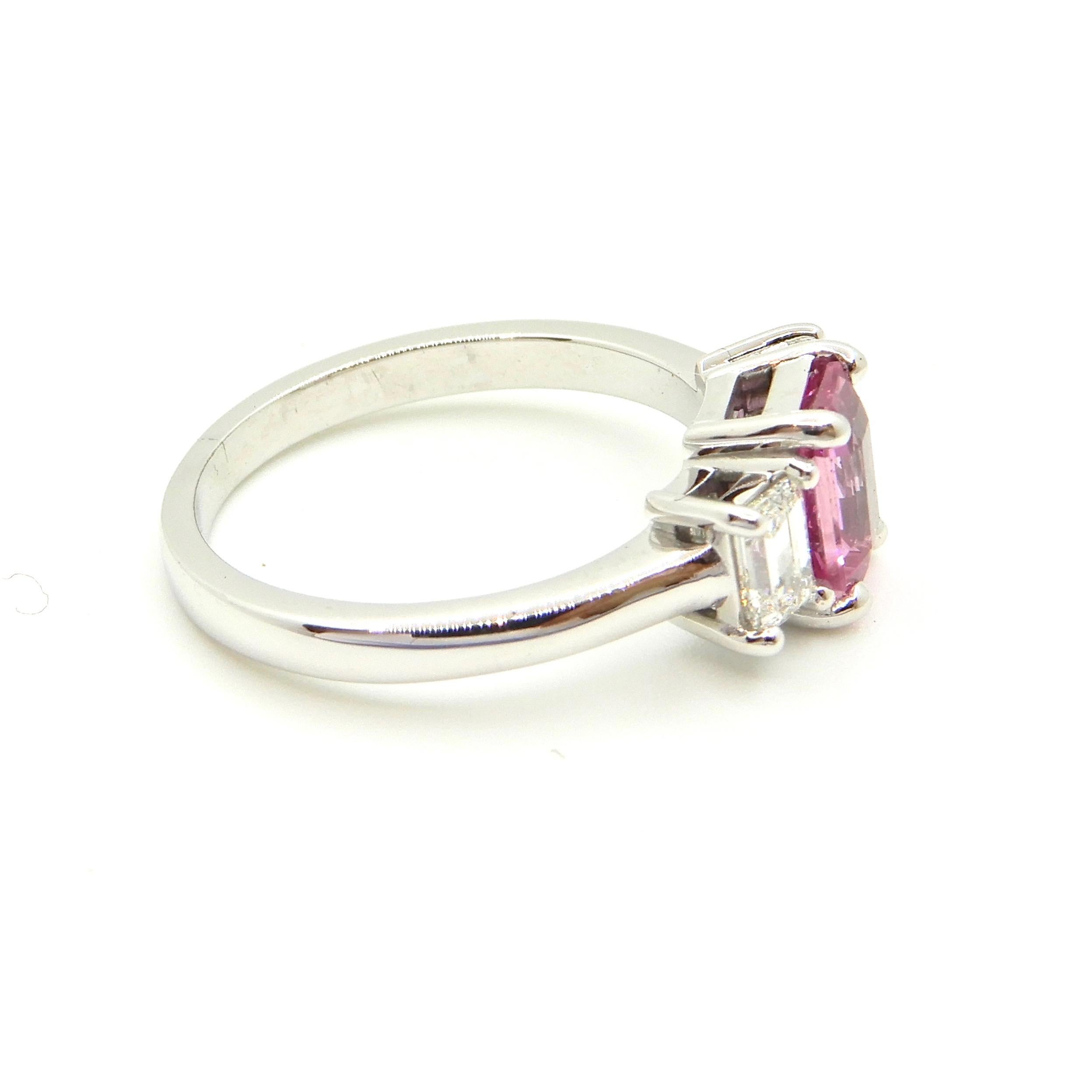 1.21 Carat Emerald Cut Pink Sapphire and Diamond Engagement Ring 3
