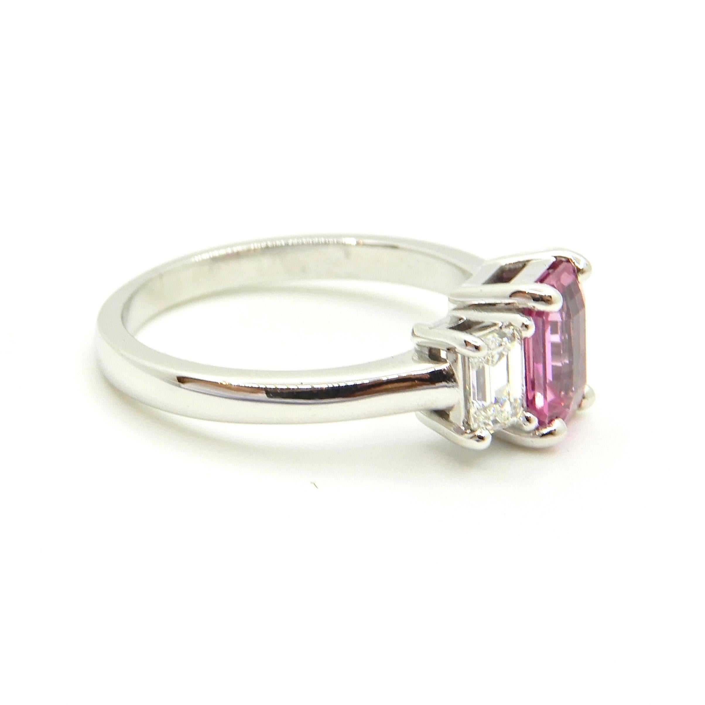 1.21 Carat Emerald Cut Pink Sapphire and Diamond Engagement Ring 4