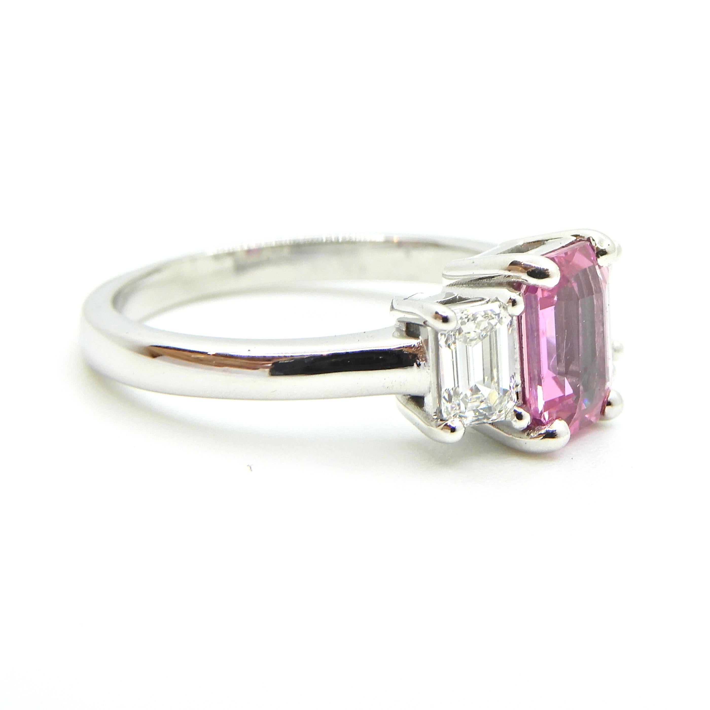 1.21 Carat Emerald Cut Pink Sapphire and Diamond Engagement Ring 5