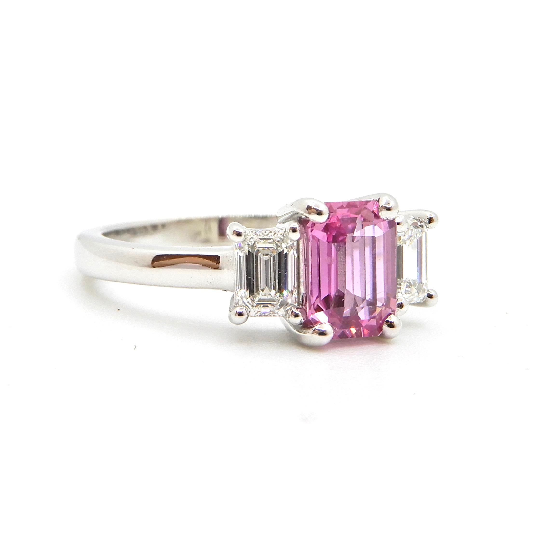 1.21 Carat Emerald Cut Pink Sapphire and Diamond Engagement Ring 6